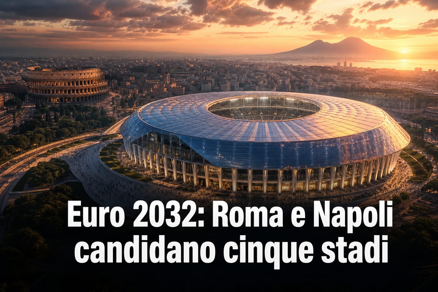 Grafica editoriale per Euro 2032 con stadi moderni e monumenti di Roma e Napoli per la candidatura italiana.