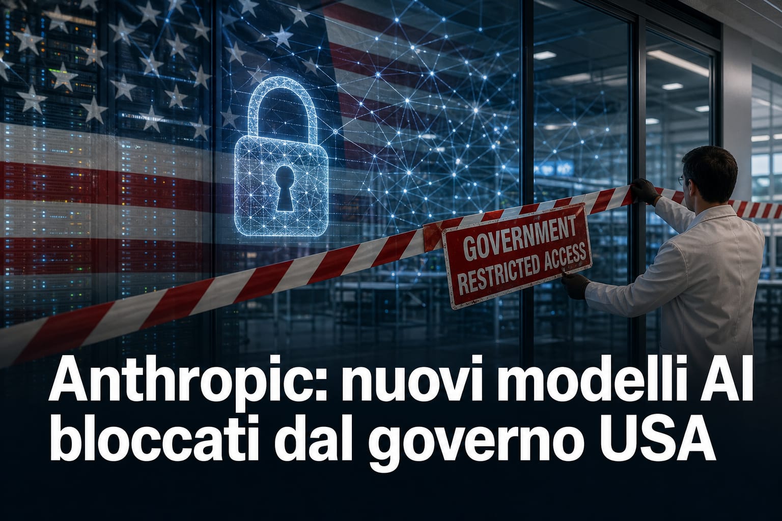 Rappresentazione digitale di modelli AI Anthropic bloccati dal governo USA per sicurezza nazionale.