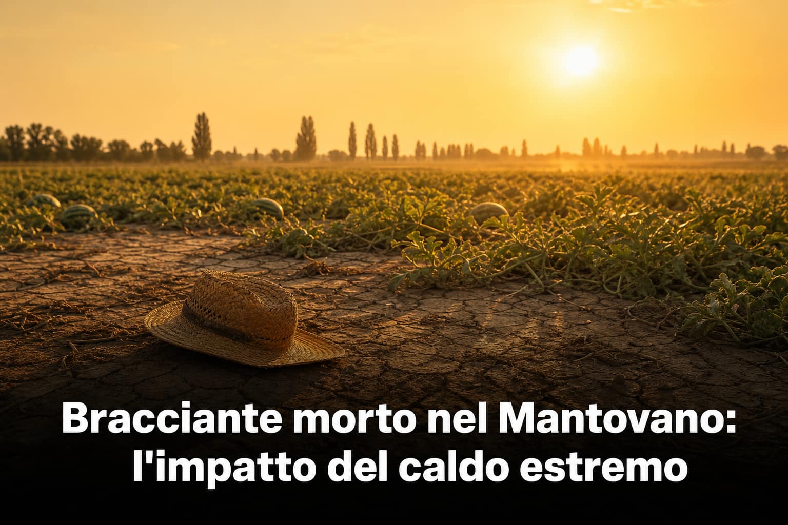 Campo di angurie sotto il sole cocente, simbolo del pericolo del caldo estremo per i braccianti agricoli nel Mantovano.