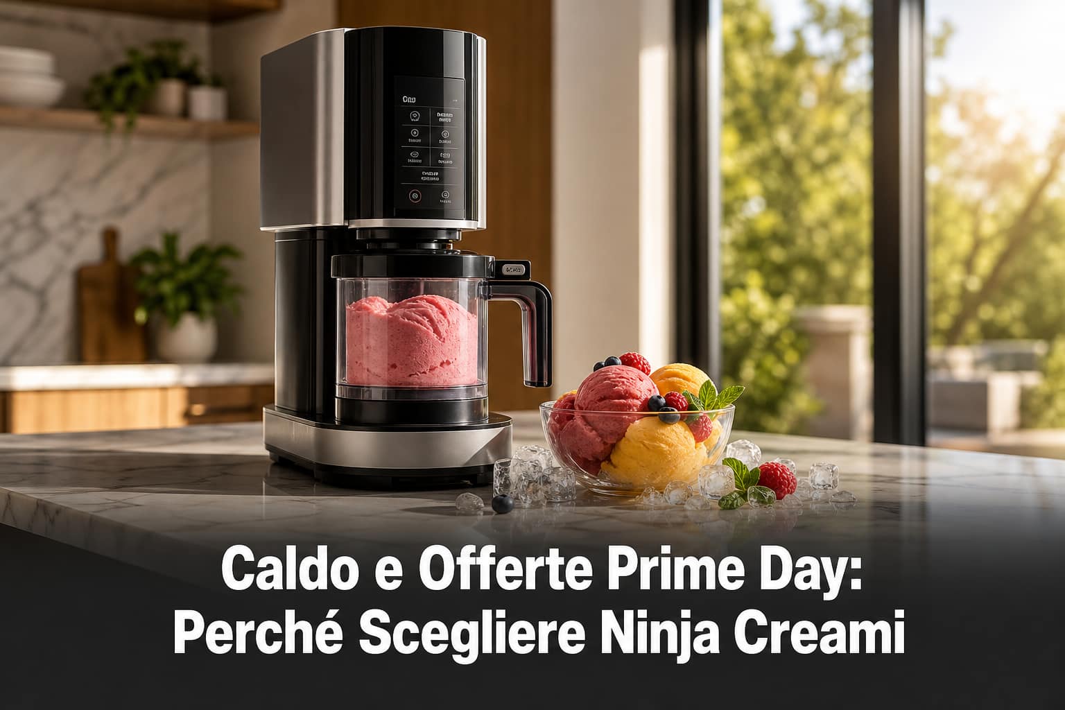 Gelatiera Ninja Creami su piano cucina con gelato alla frutta, ideale per il caldo e offerte Prime Day.