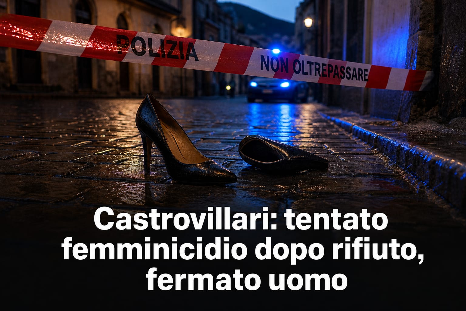 Scarpe abbandonate su ciottoli bagnati a Castrovillari, immagine editoriale sul tentato femminicidio e violenza di genere.