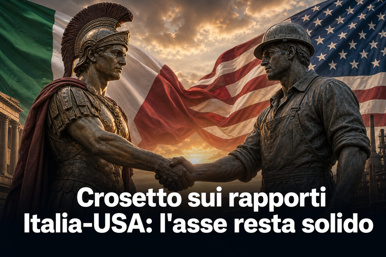Design editoriale sul legame economico e politico tra Italia e USA con le bandiere e il titolo di Guido Crosetto.