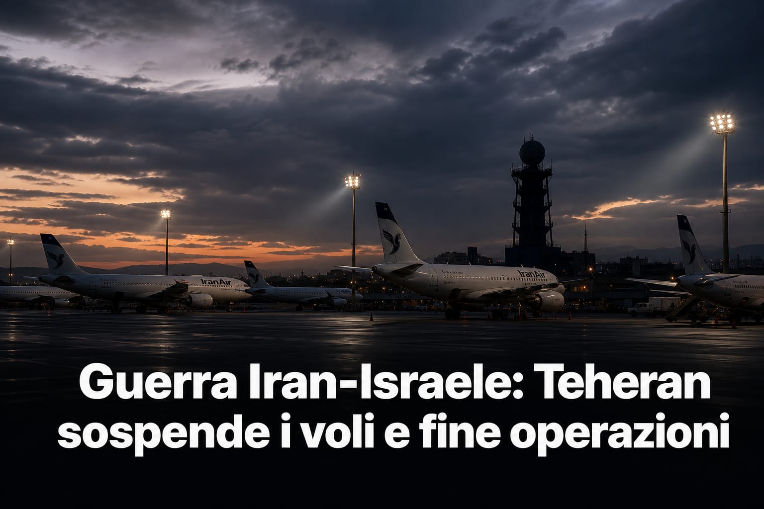 Aeroporto di Teheran deserto con aerei a terra e titolo su conflitto Iran-Israele nel settore tecnologia e logistica.