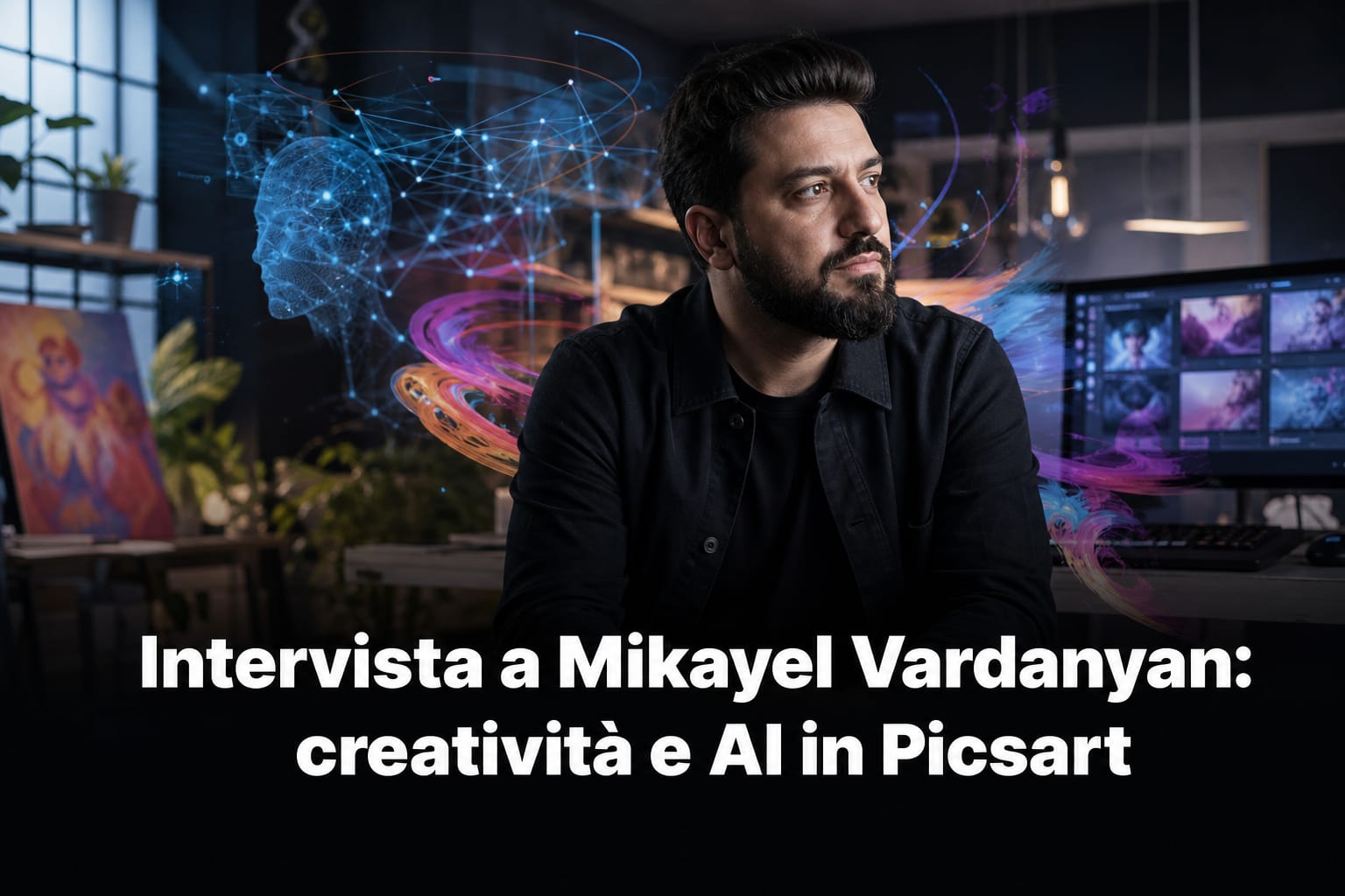 Ritratto editoriale di Mikayel Vardanyan che esplora l'intelligenza artificiale e la creatività digitale in Picsart.