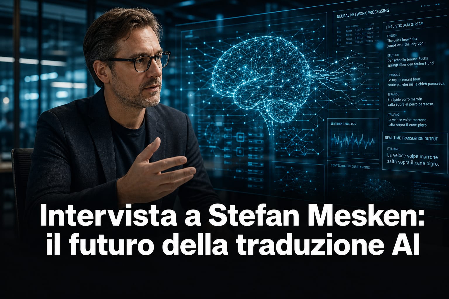 Grafica futuristica sulla traduzione AI e l'intelligenza artificiale agentica con titolo dell'intervista a Stefan Mesken.