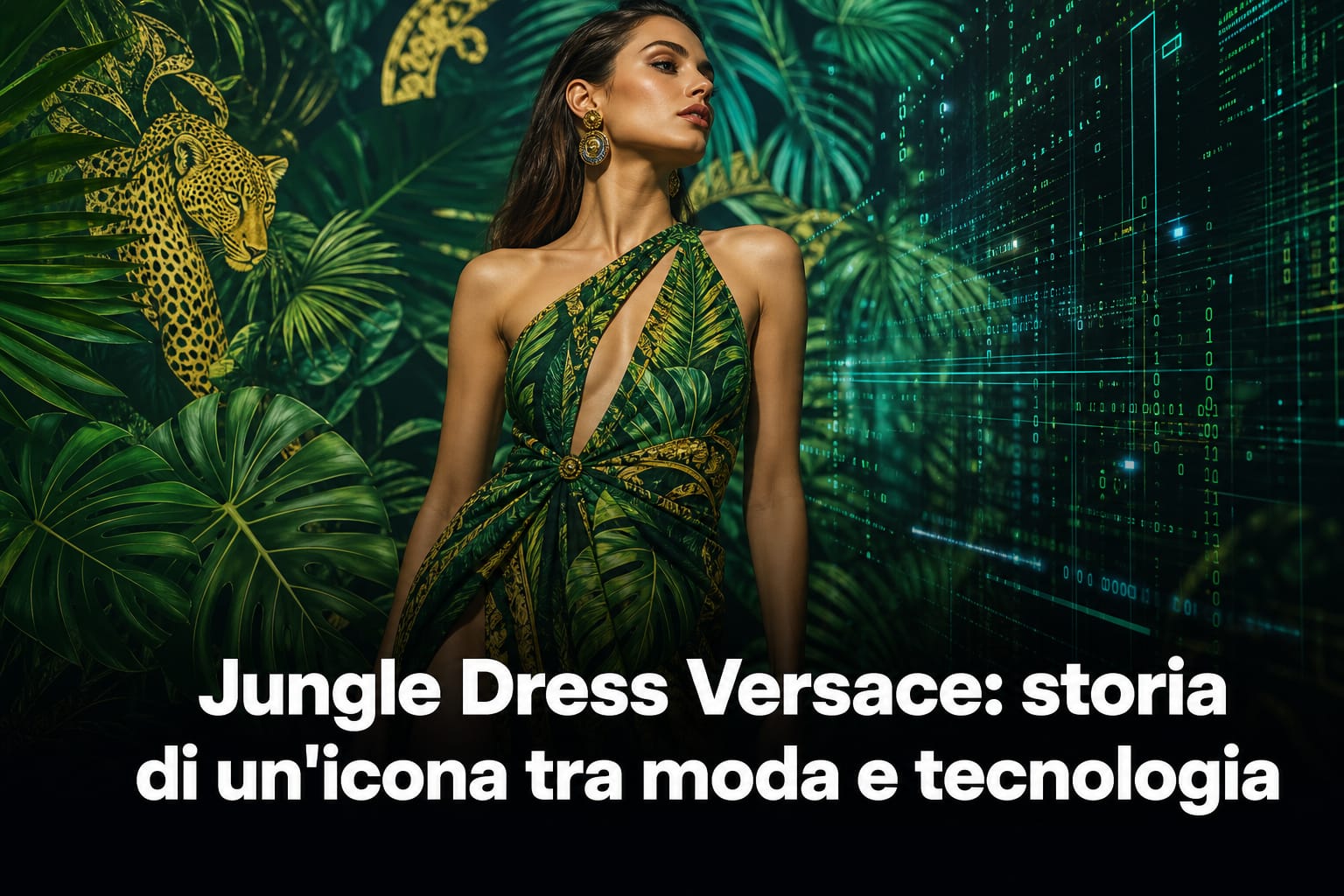Grafica editoriale del Jungle Dress Versace che unisce moda tropicale e tecnologia digitale per Google Immagini.