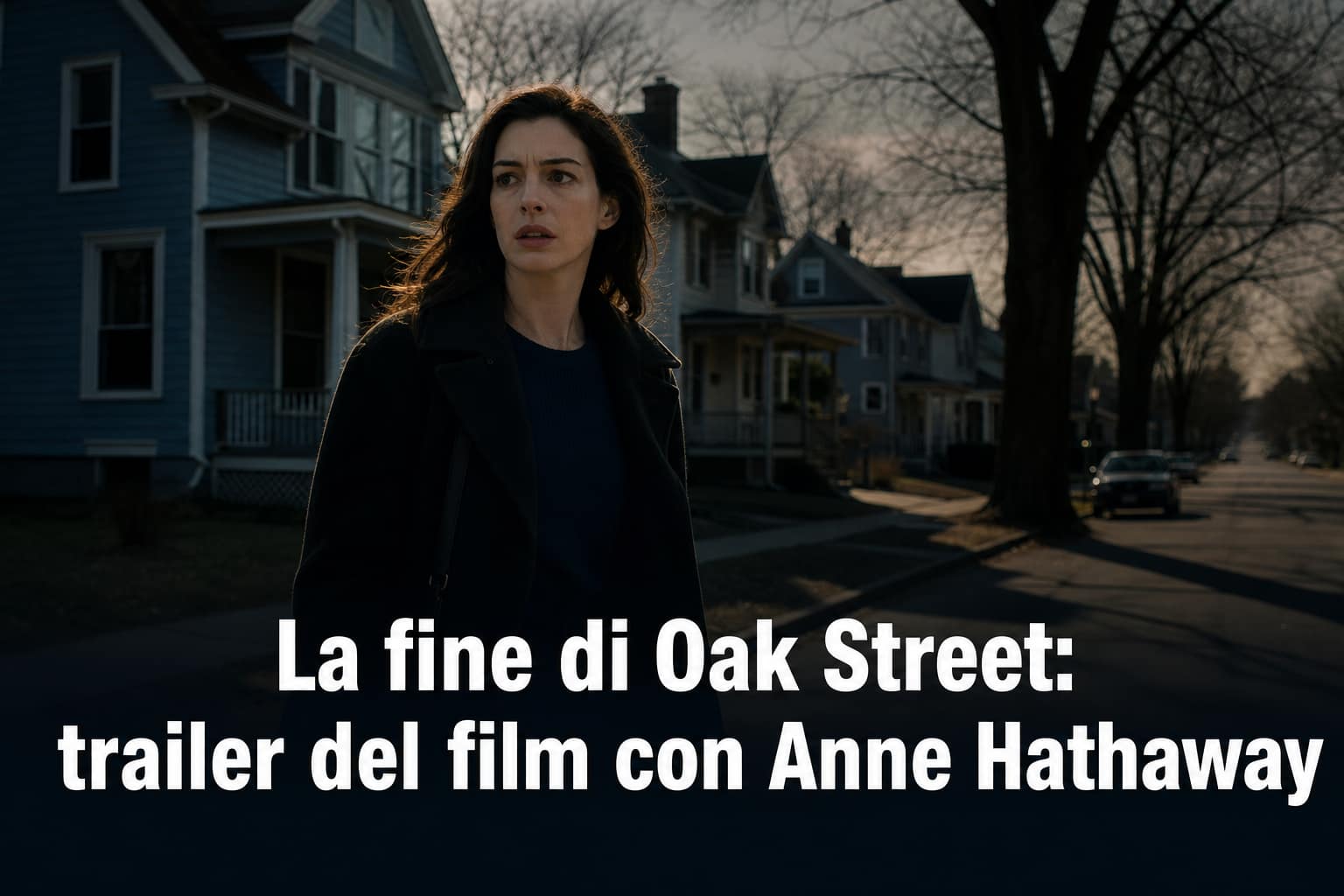Scena cinematografica con Anne Hathaway per il trailer del film La fine di Oak Street prodotto da Warner Bros.