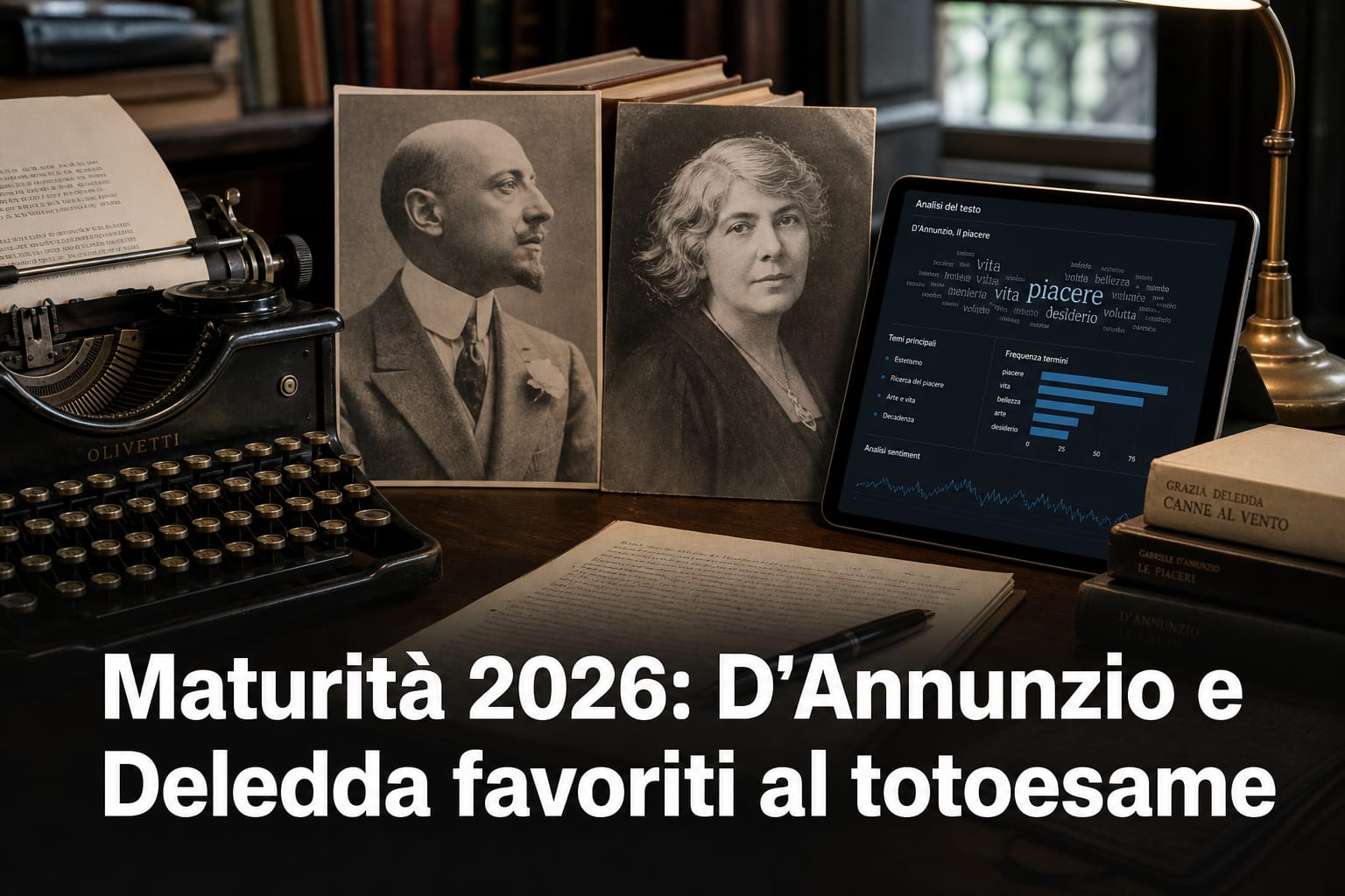 Scrittoio con libri e tablet per l'analisi del testo della Maturità 2026 con D’Annunzio e Grazia Deledda.