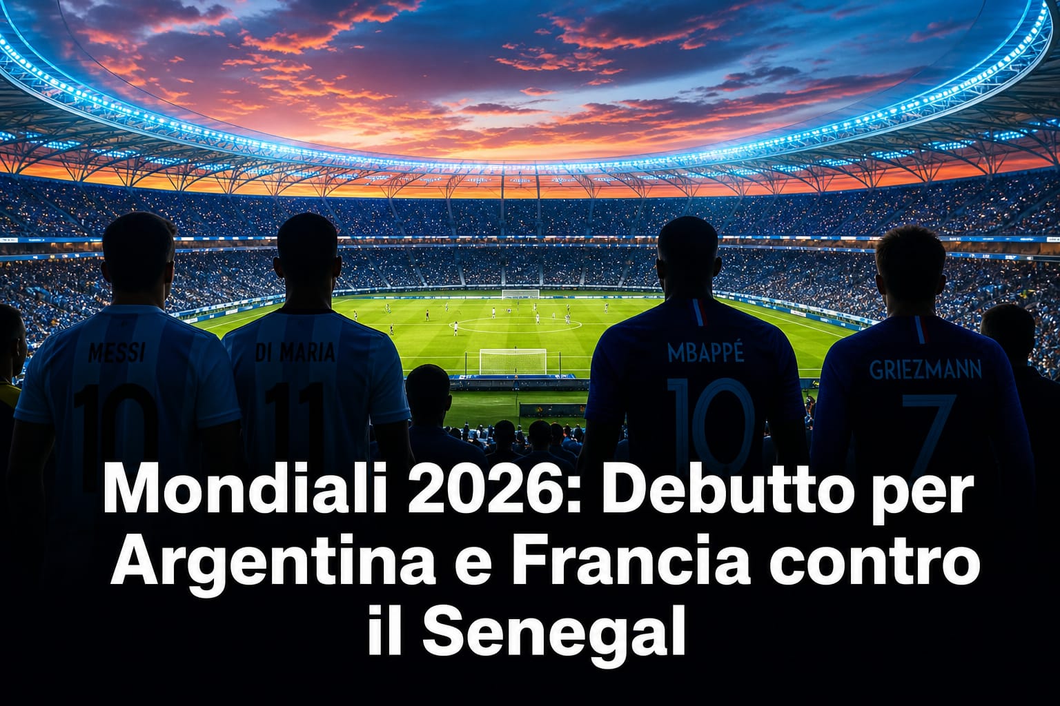 Grafica editoriale Mondiali 2026 con testo su debutto Argentina e Francia contro Senegal in stadio moderno.