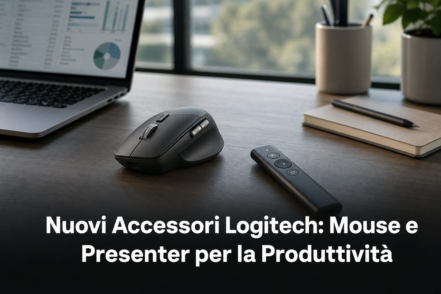 Nuovi accessori Logitech mouse e presenter per la produttività su una scrivania moderna dal design ergonomico.
