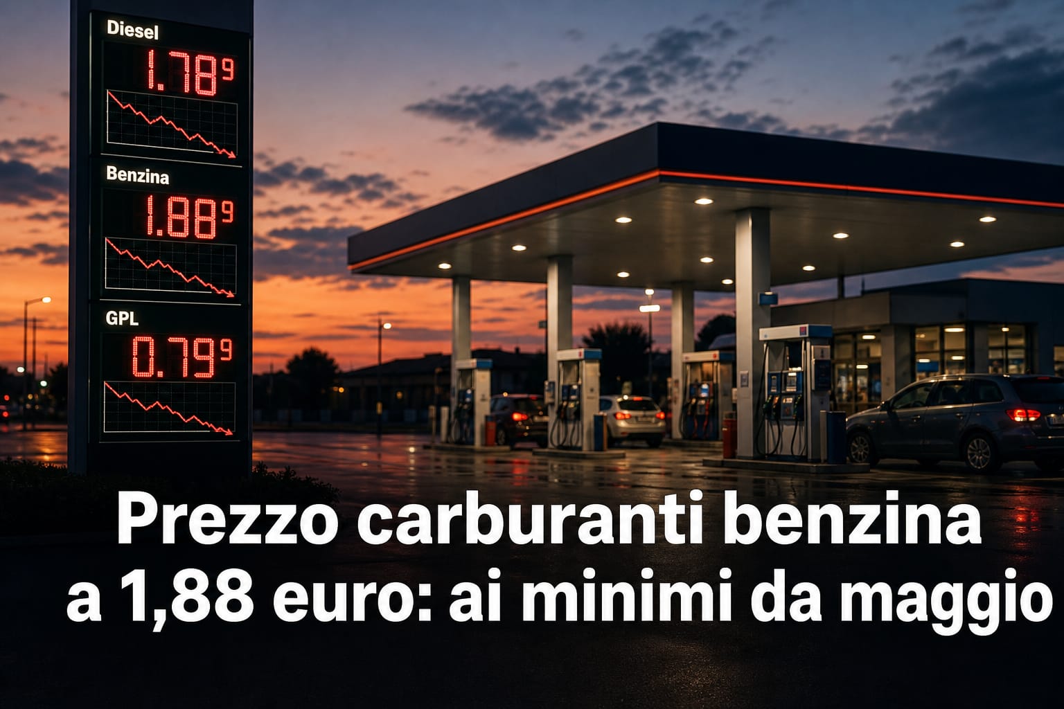 Una stazione di servizio al tramonto che illustra il calo del prezzo carburanti benzina a 1,88 euro al litro.