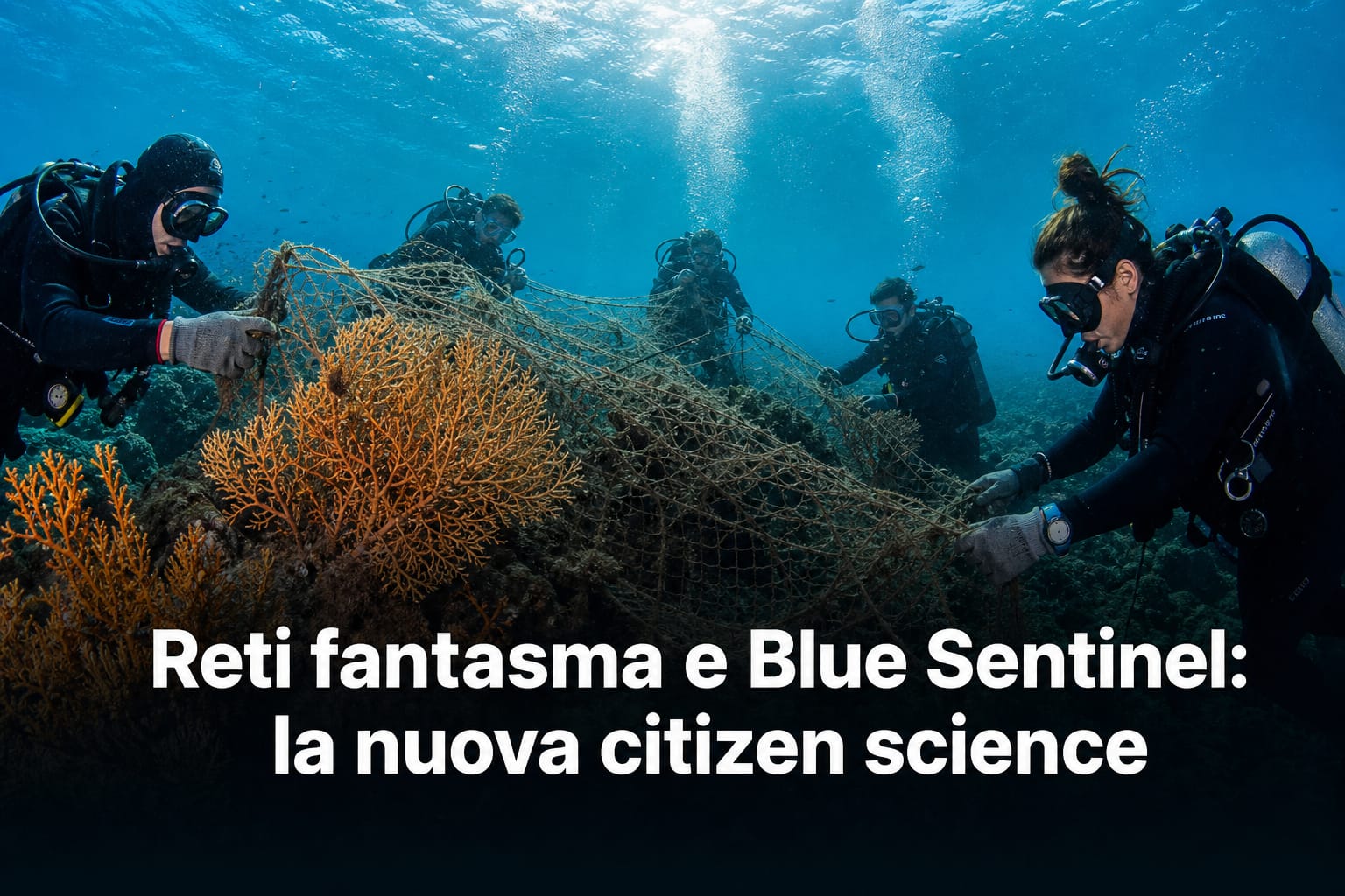 Subacquei rimuovono reti fantasma dai coralli per il progetto di citizen science Blue Sentinel all'Isola delle Femmine.