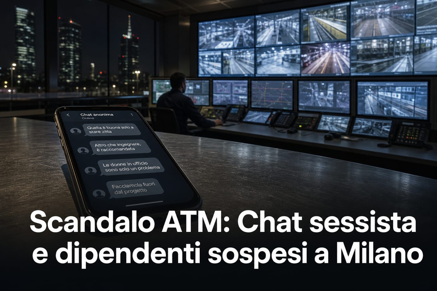 Scandalo ATM Milano con chat sessista e monitor di sorveglianza, copertina editoriale su dipendenti sospesi.