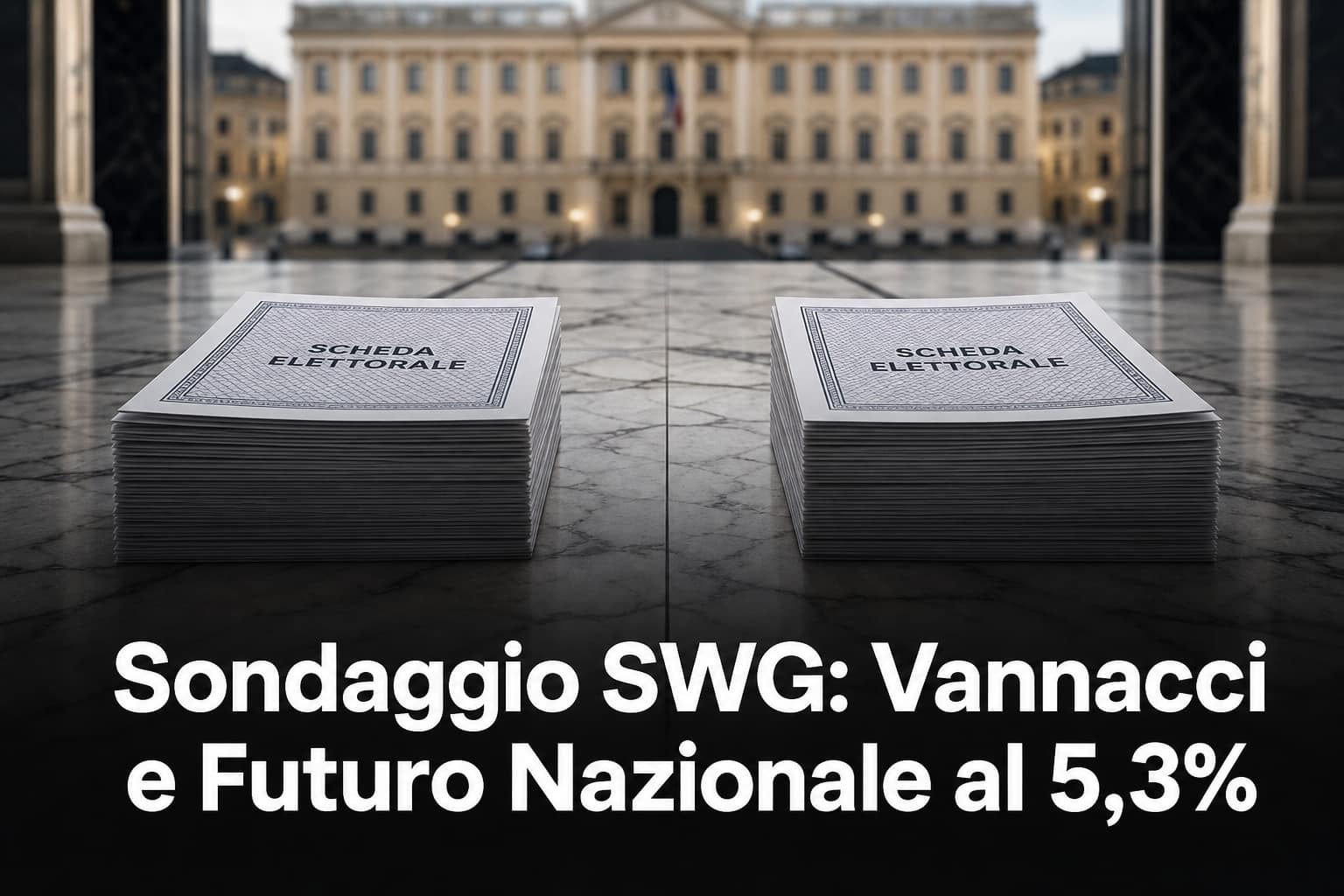 Grafica editoriale sui sondaggi SWG che mostrano Futuro Nazionale di Vannacci al 5,3% a pari merito con la Lega.