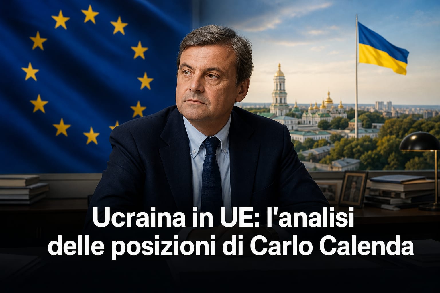 Grafica editoriale sull'analisi di Carlo Calenda circa l'adesione dell'Ucraina all'Unione Europea.