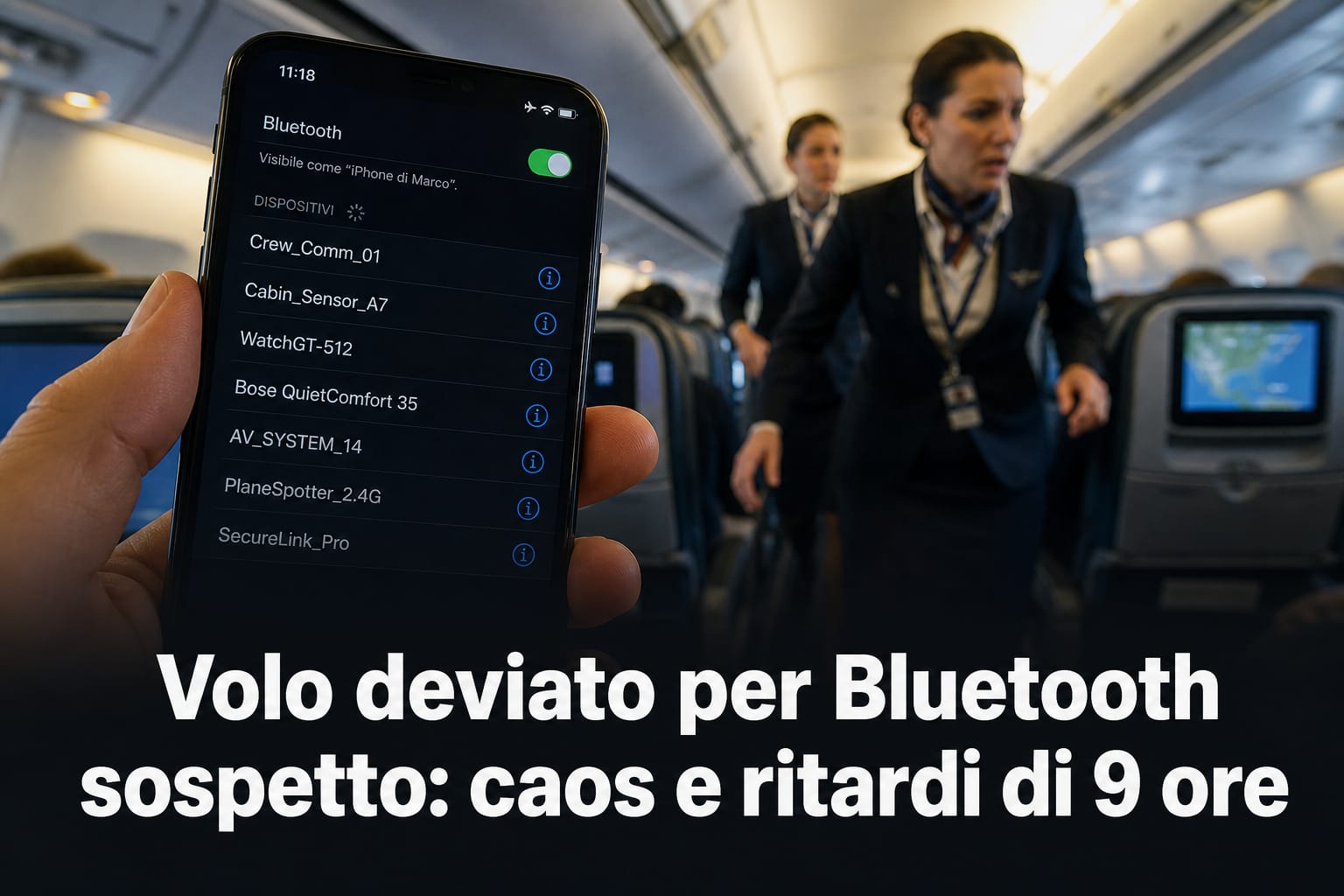 Smartphone in aereo mostra lista dispositivi Bluetooth durante un volo United Airlines deviato per motivi di sicurezza.