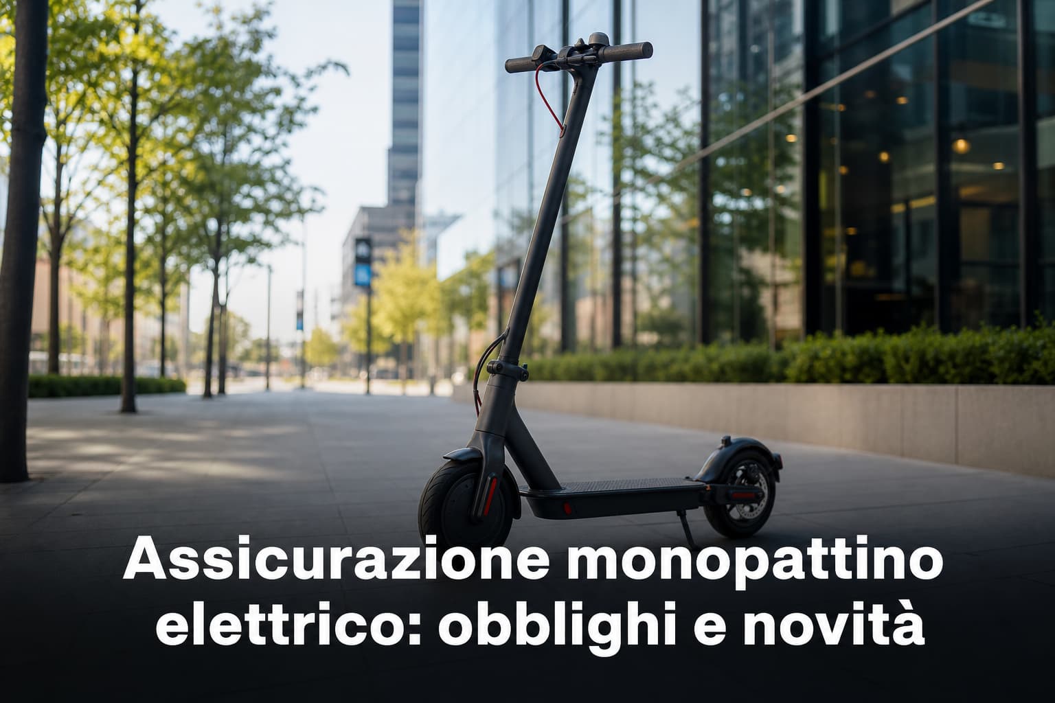 Primo piano di un monopattino elettrico in città con testo su obblighi e novità dell'assicurazione obbligatoria.