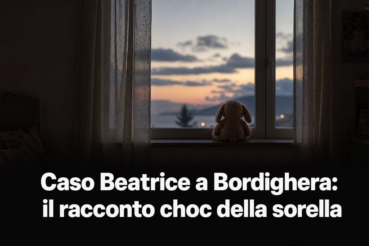 Una stanza vuota simbolo del caso Beatrice a Bordighera con testo del titolo sui maltrattamenti e soccorsi negati.