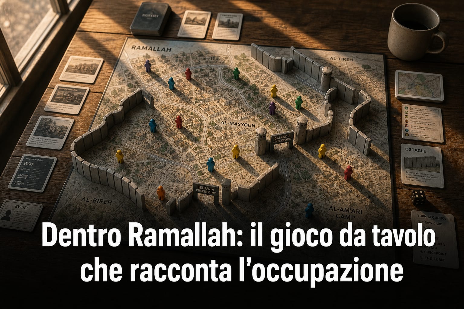 Primo piano di un gioco da tavolo sulla realtà di Ramallah con miniature di checkpoint e mappa della città.
