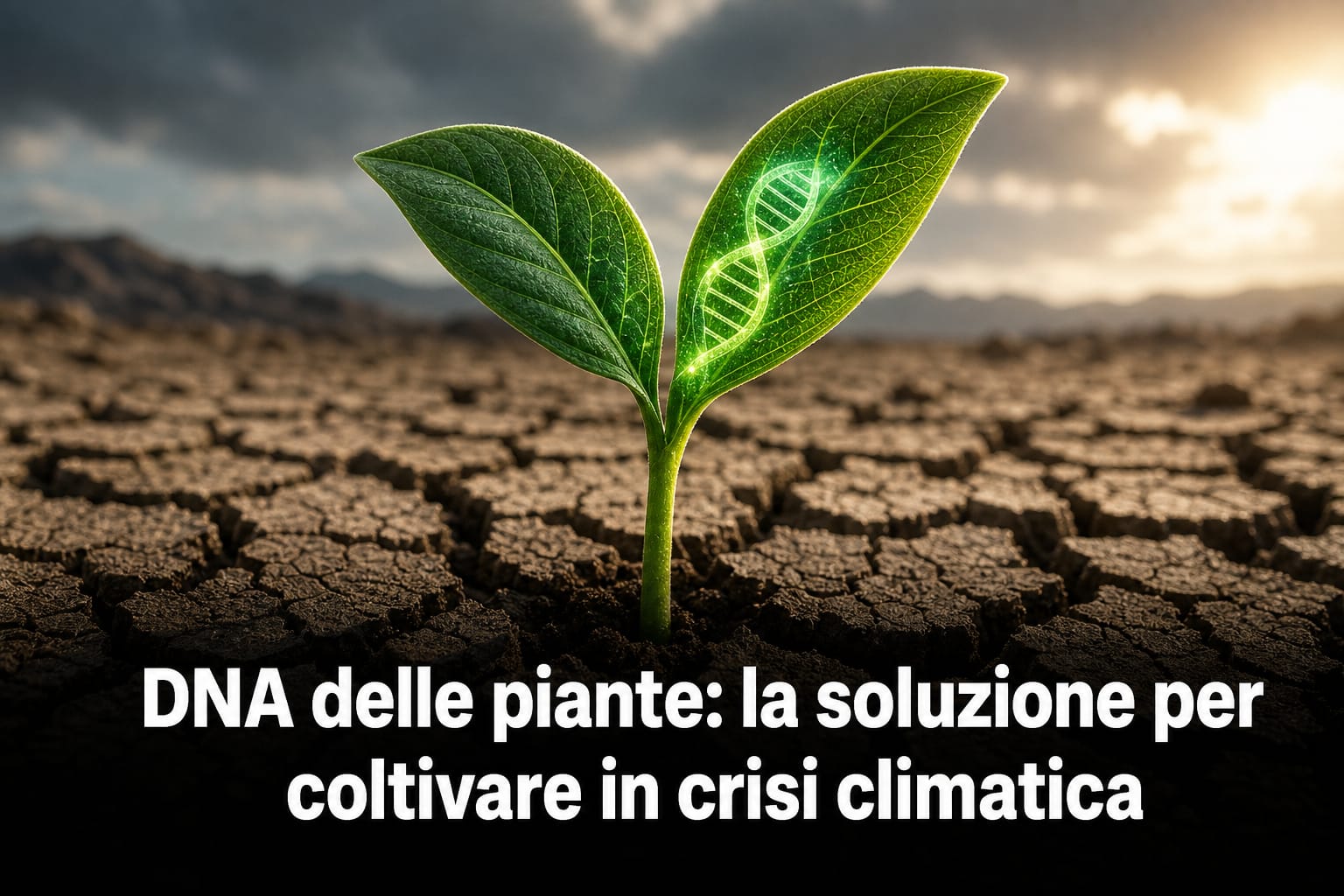 Germoglio con DNA digitale che cresce nel terreno arido, rappresentando il DNA delle piante contro la crisi climatica.