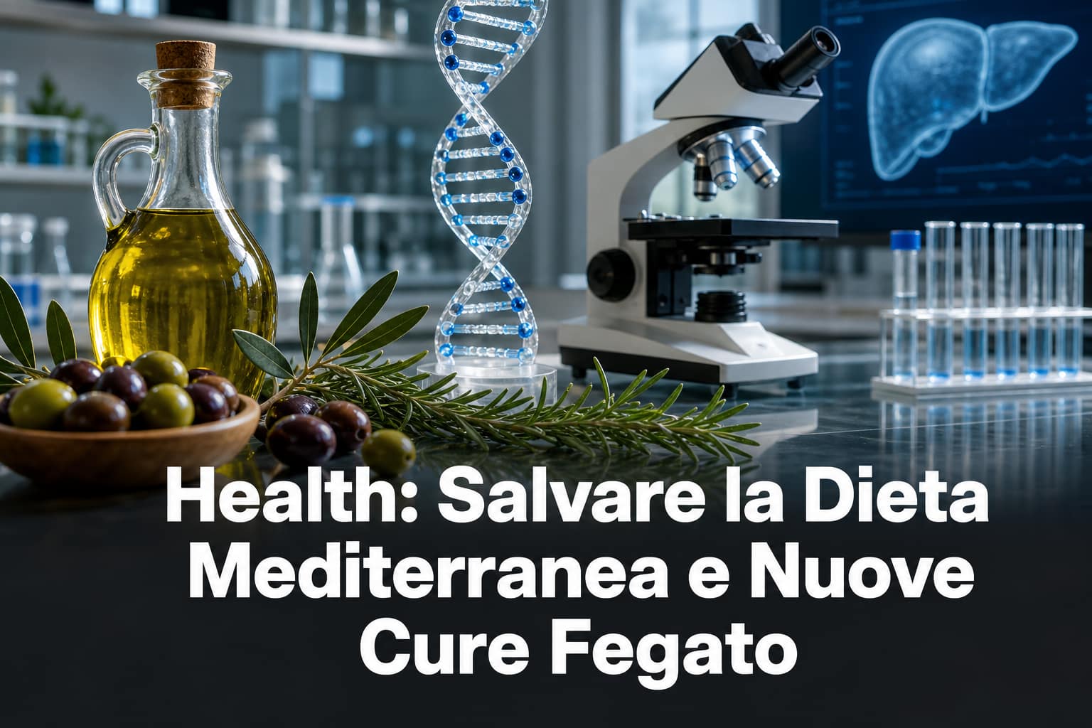 Coperta editoriale su dieta mediterranea e nuove cure per il fegato con ingredienti freschi e strumenti scientifici.