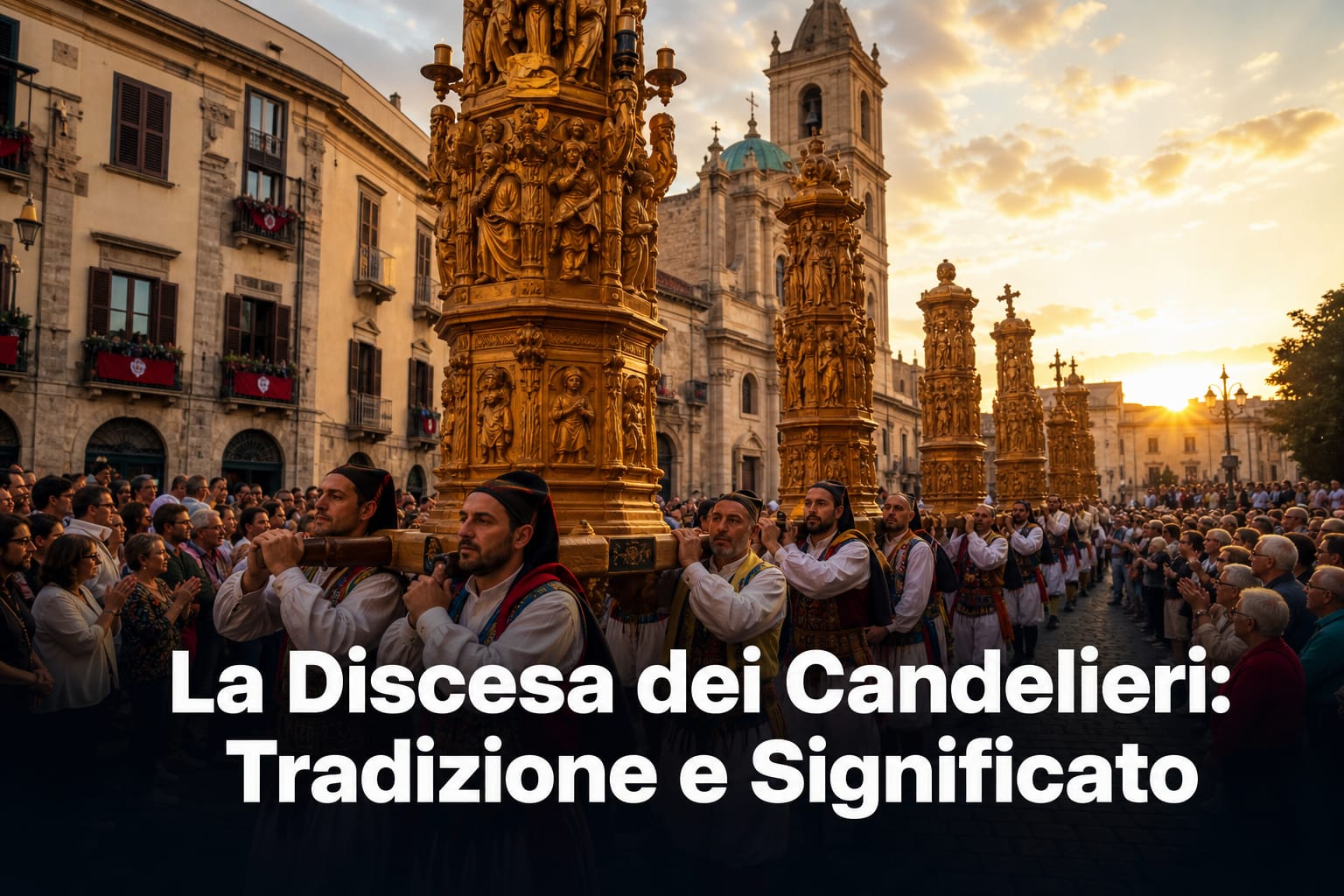 Fotografia editoriale della Discesa dei Candelieri con grandi colonne lignee cerimoniali portate in processione a Sassari.