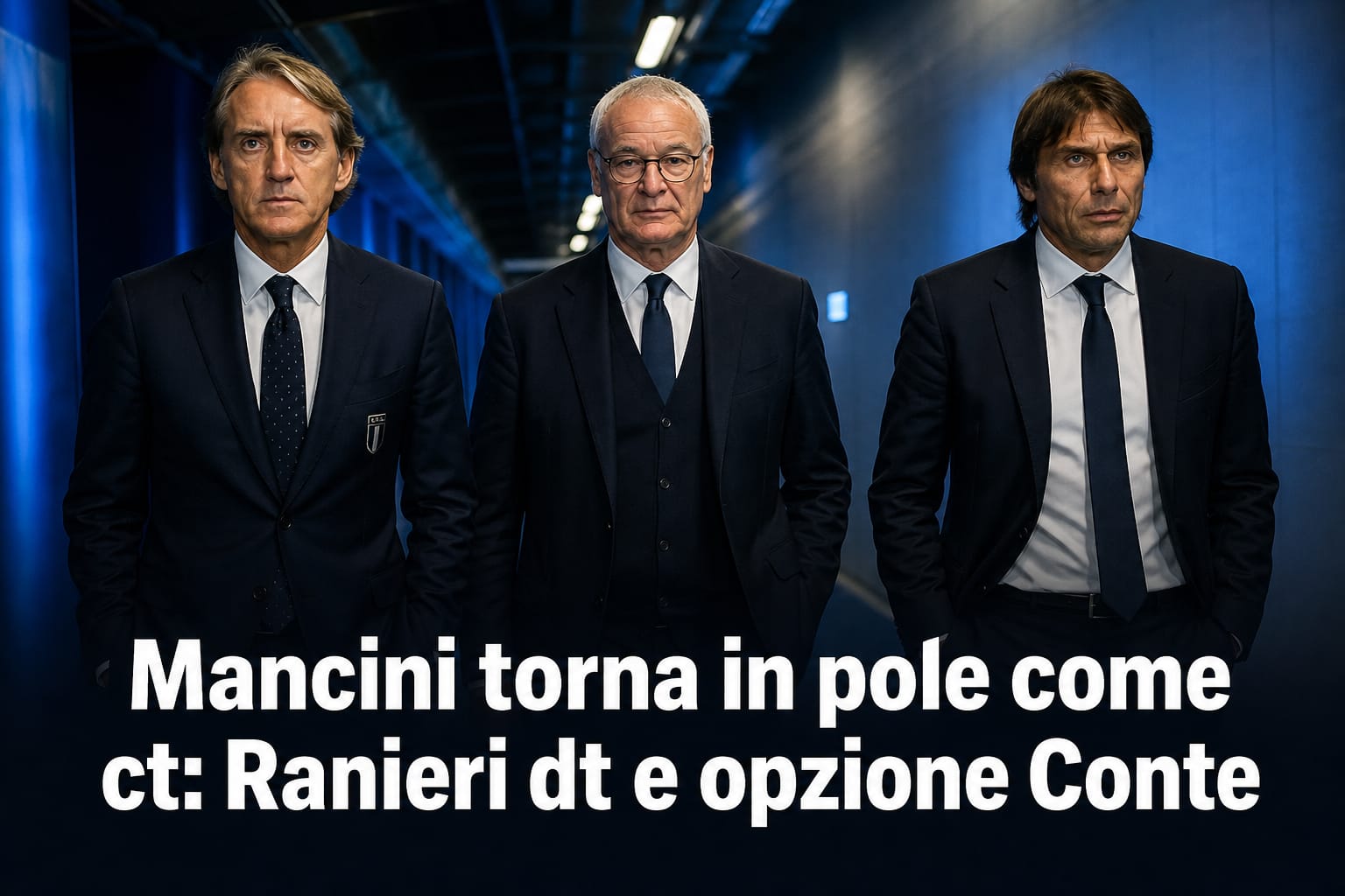 Mancini, Ranieri e Conte per la panchina della Nazionale italiana, foto editoriale con titolo sovrapposto.