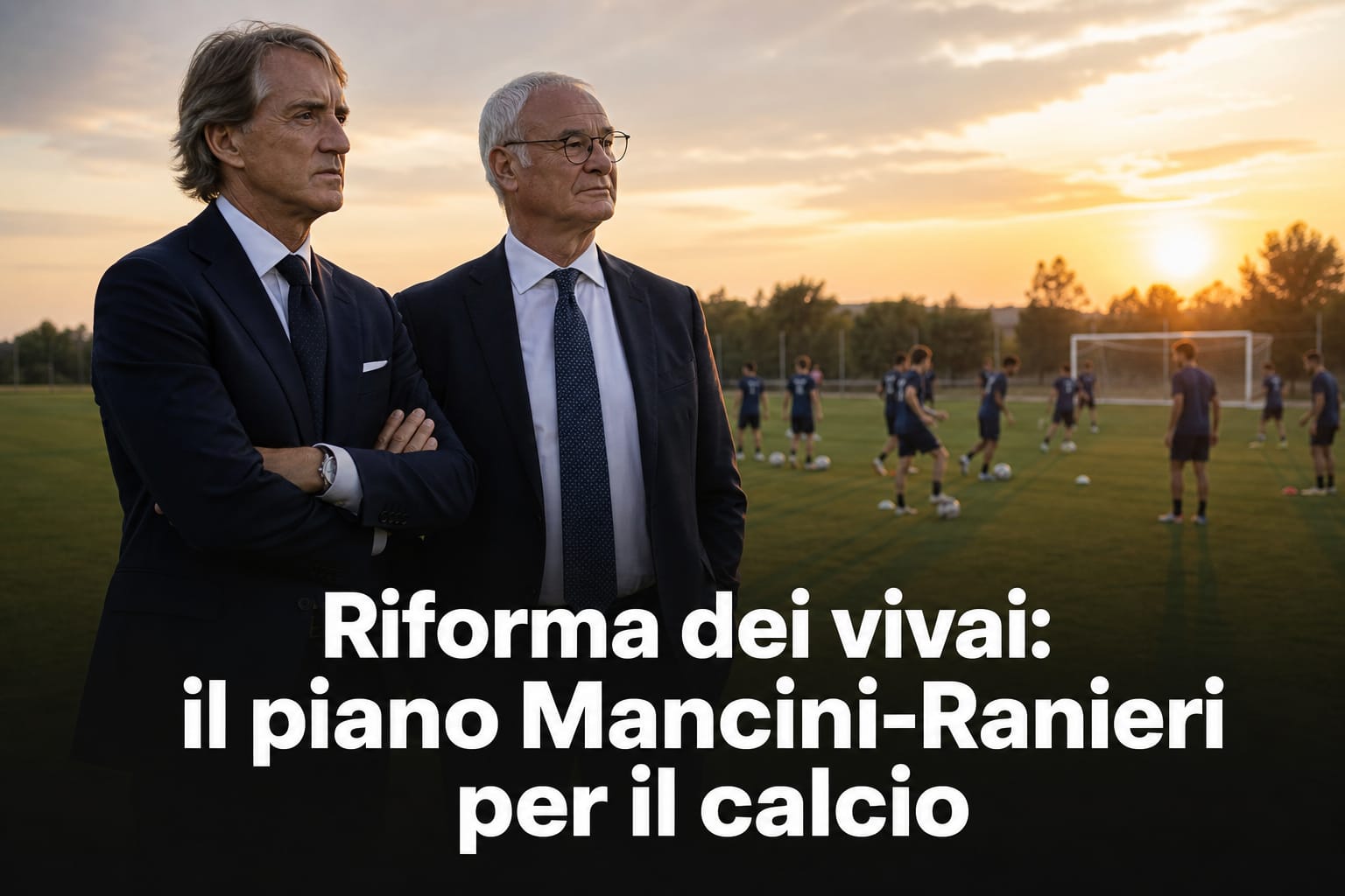 Grafica editoriale sulla riforma dei vivai nel calcio con il piano tecnico di Mancini e Ranieri su sfondo campo sportivo.