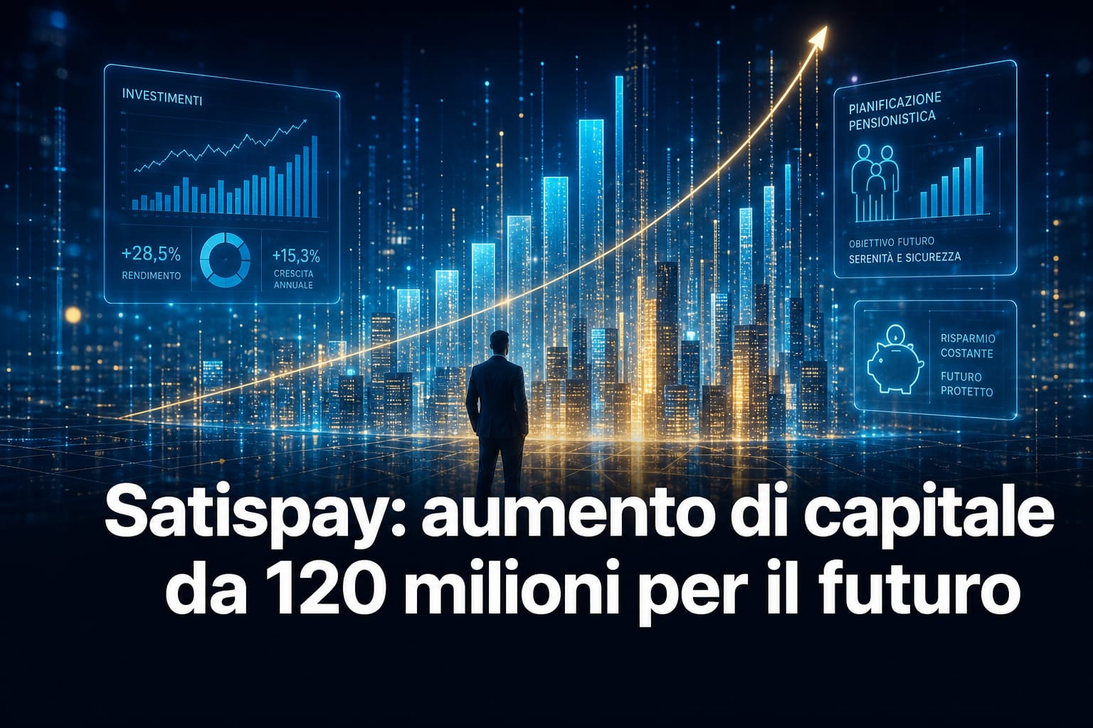 Grafica digitale di un ecosistema finanziario con testo sull'aumento di capitale di Satispay per investimenti.