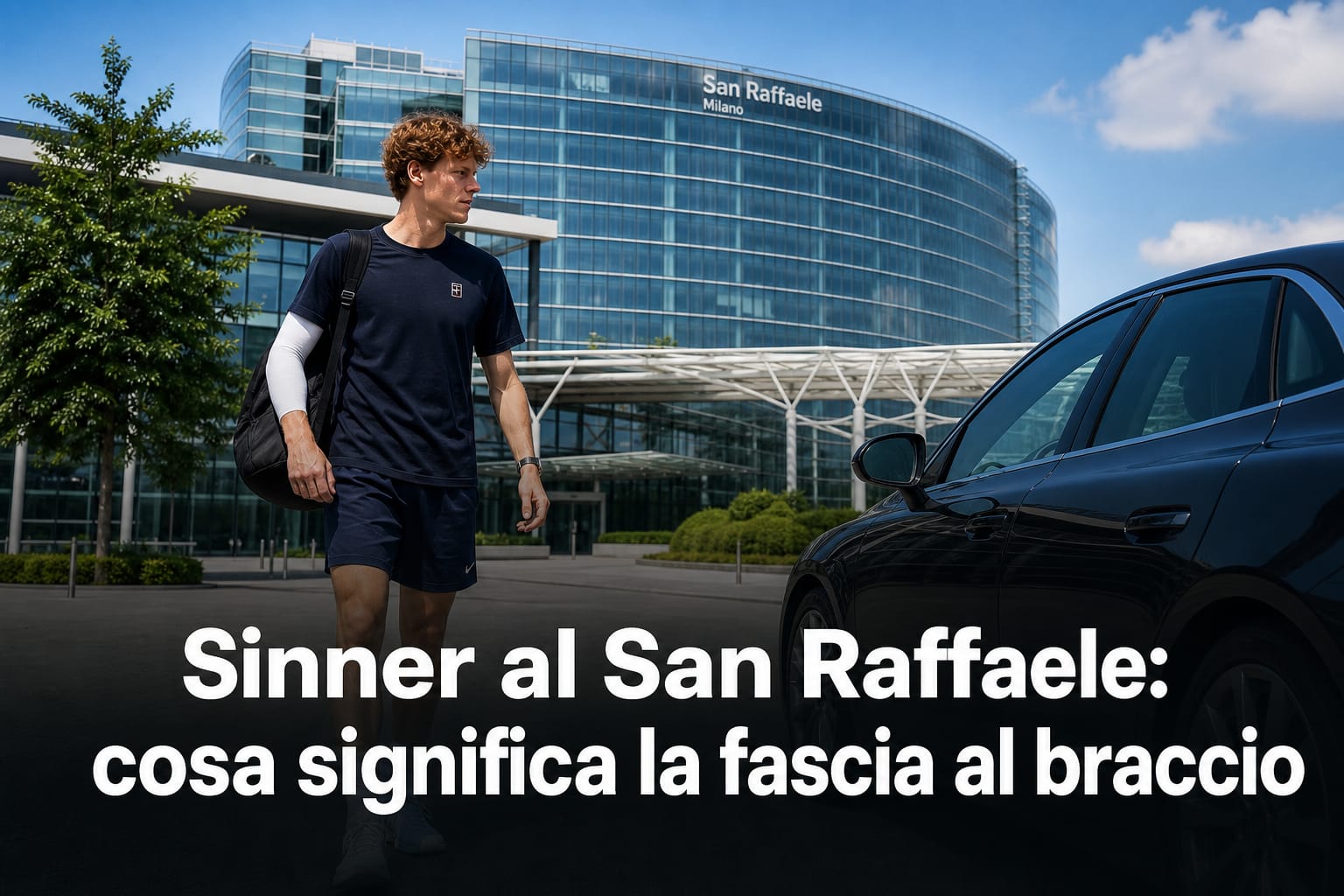 Jannik Sinner con fascia bianca al braccio sinistro fuori dall'ospedale San Raffaele per controlli medici.