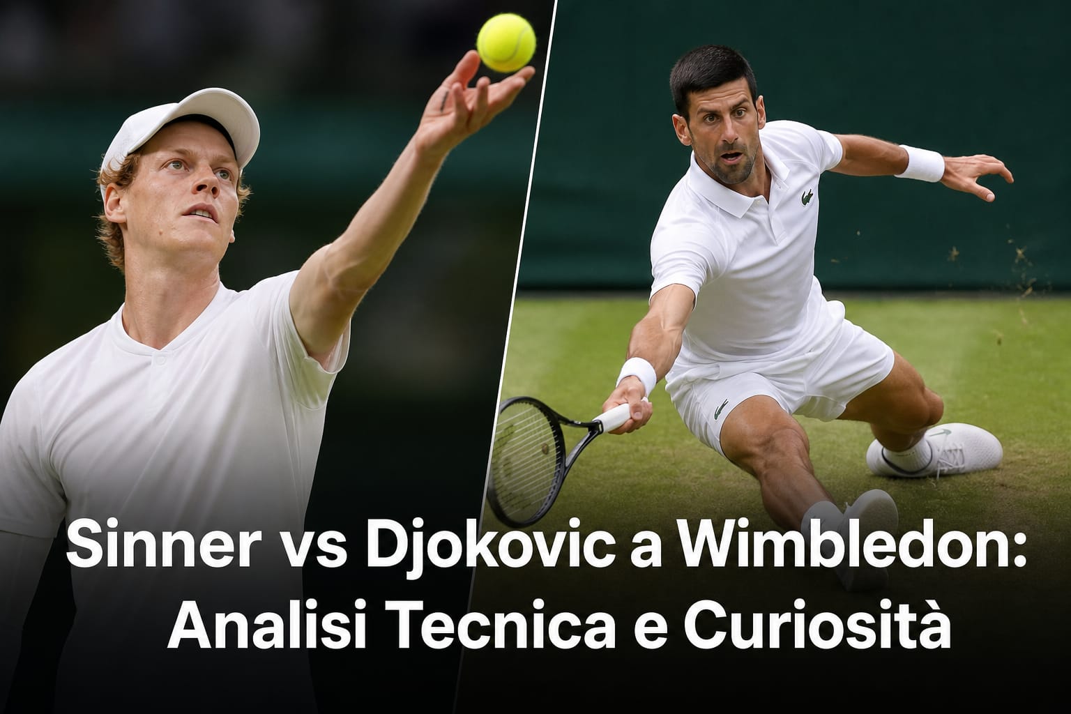 Analisi tecnica della sfida tra Sinner e Djokovic a Wimbledon, immagini di tennis professionale sull'erba di Londra.
