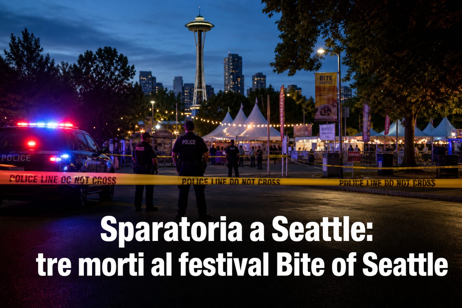 Luci della polizia e nastri di segnalazione al festival Bite of Seattle dopo una sparatoria con tre morti e feriti.