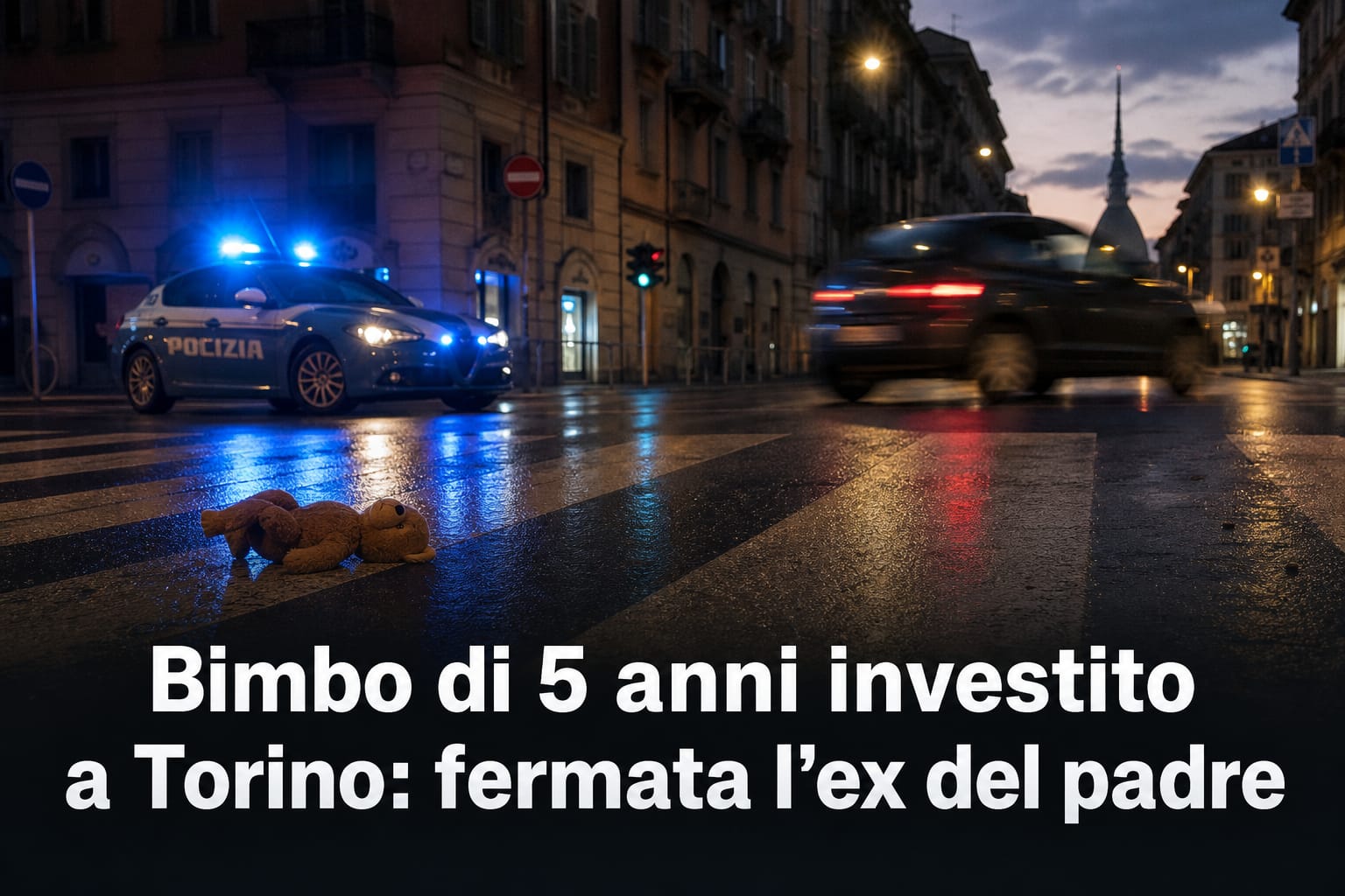 Scena di cronaca a Torino con luci della polizia e strada transennata dopo l'investimento di un bambino di 5 anni.