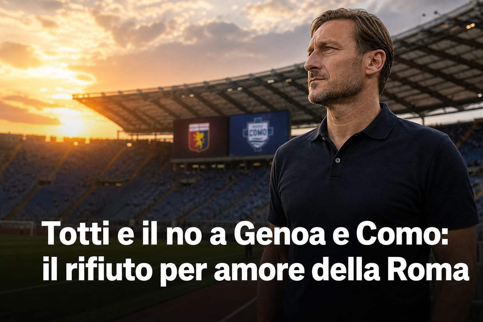 Francesco Totti riflette allo stadio dopo il rifiuto a Genoa e Como per restare fedele alla maglia della Roma.