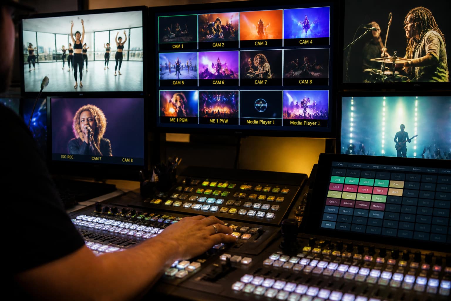 Regia televisiva professionale con schermi che mostrano esibizioni di danza e canto