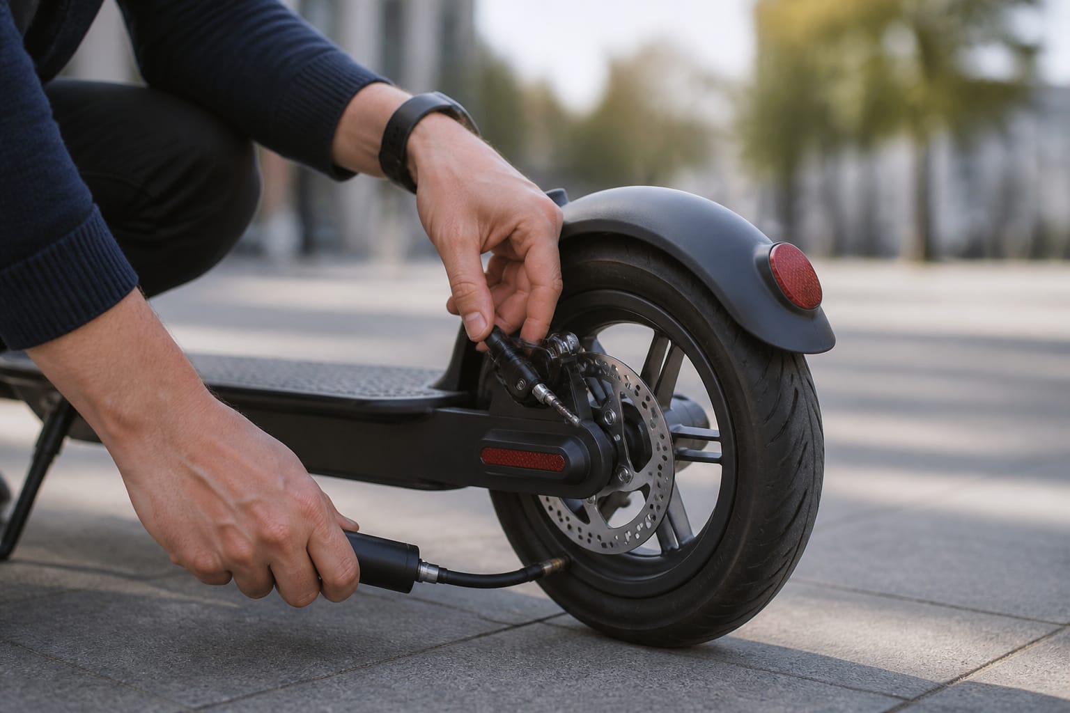 Manutenzione e controllo freni di un monopattino elettrico moderno in città