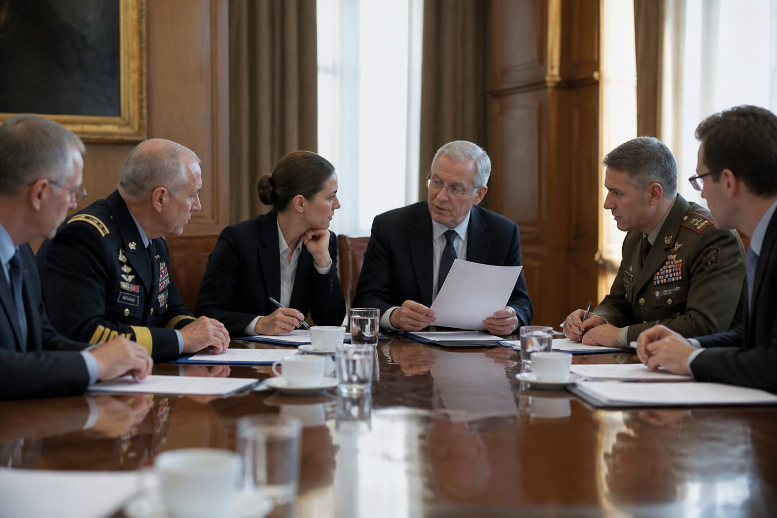 Rappresentanti istituzionali e militari durante una fase di negoziazione per il rinnovo del contratto.