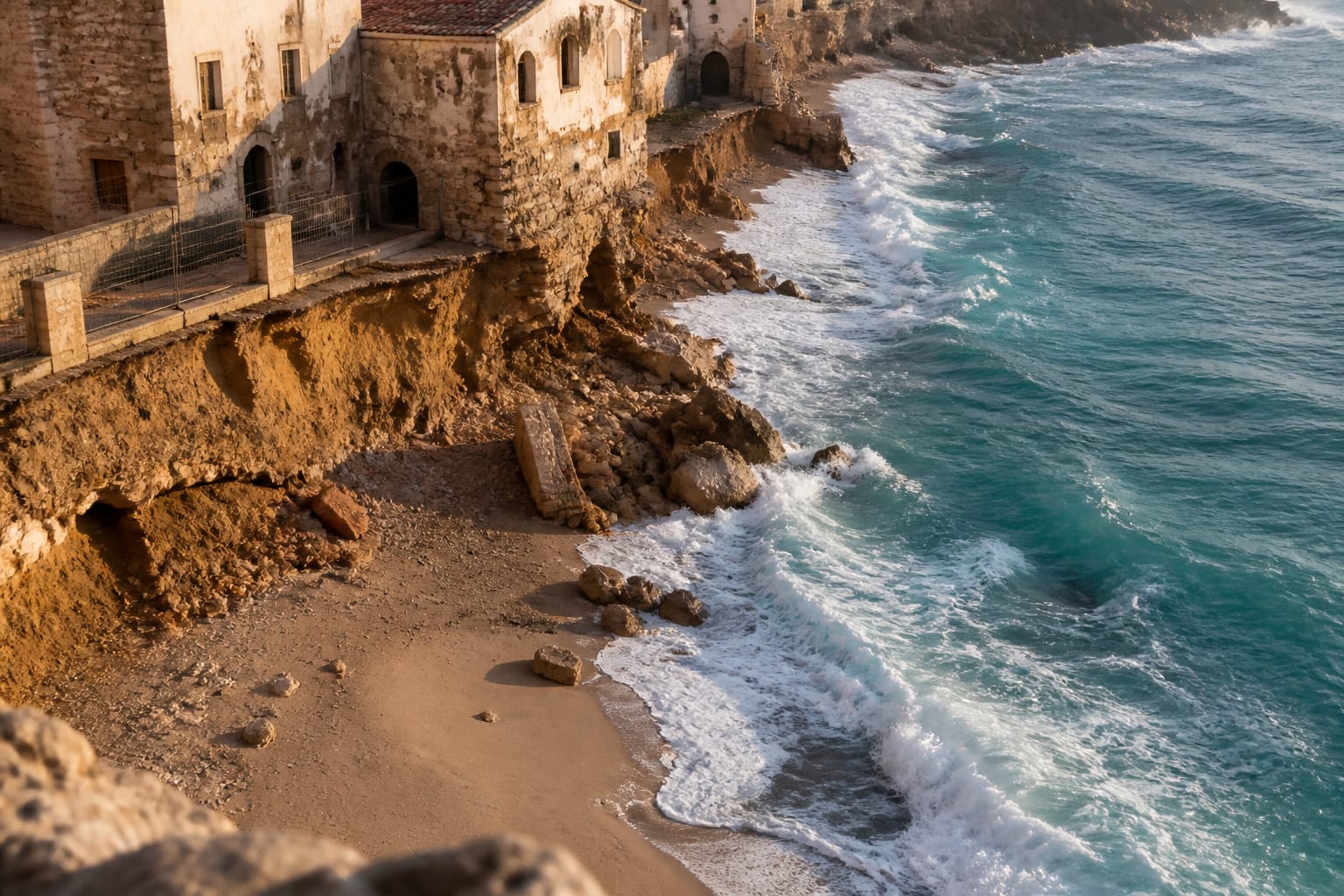 Erosione costiera in Italia con il mare che avanza verso la terraferma e le infrastrutture.