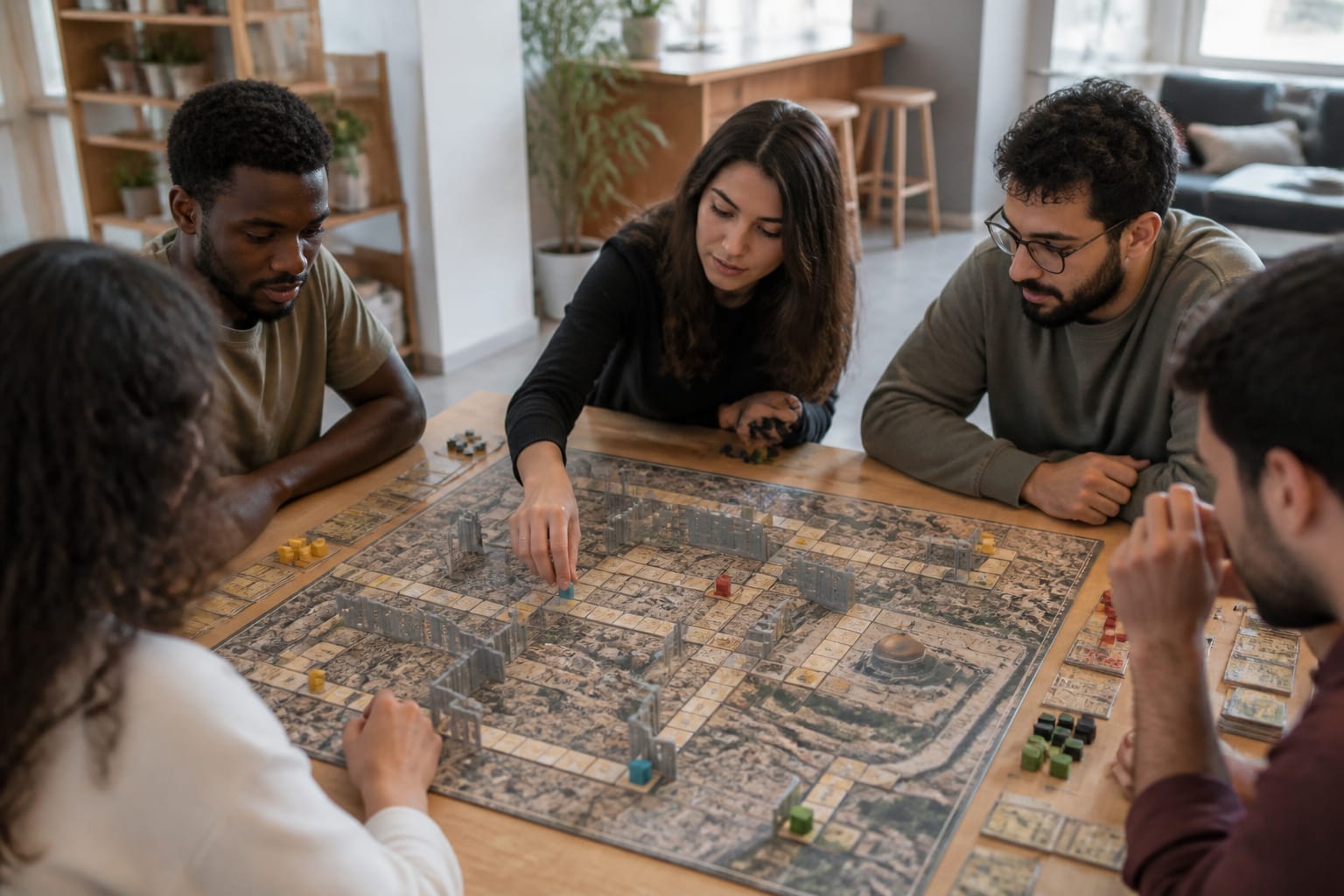 Persone che giocano a un board game ambientato a Ramallah tra pedine e miniatura dei checkpoint.