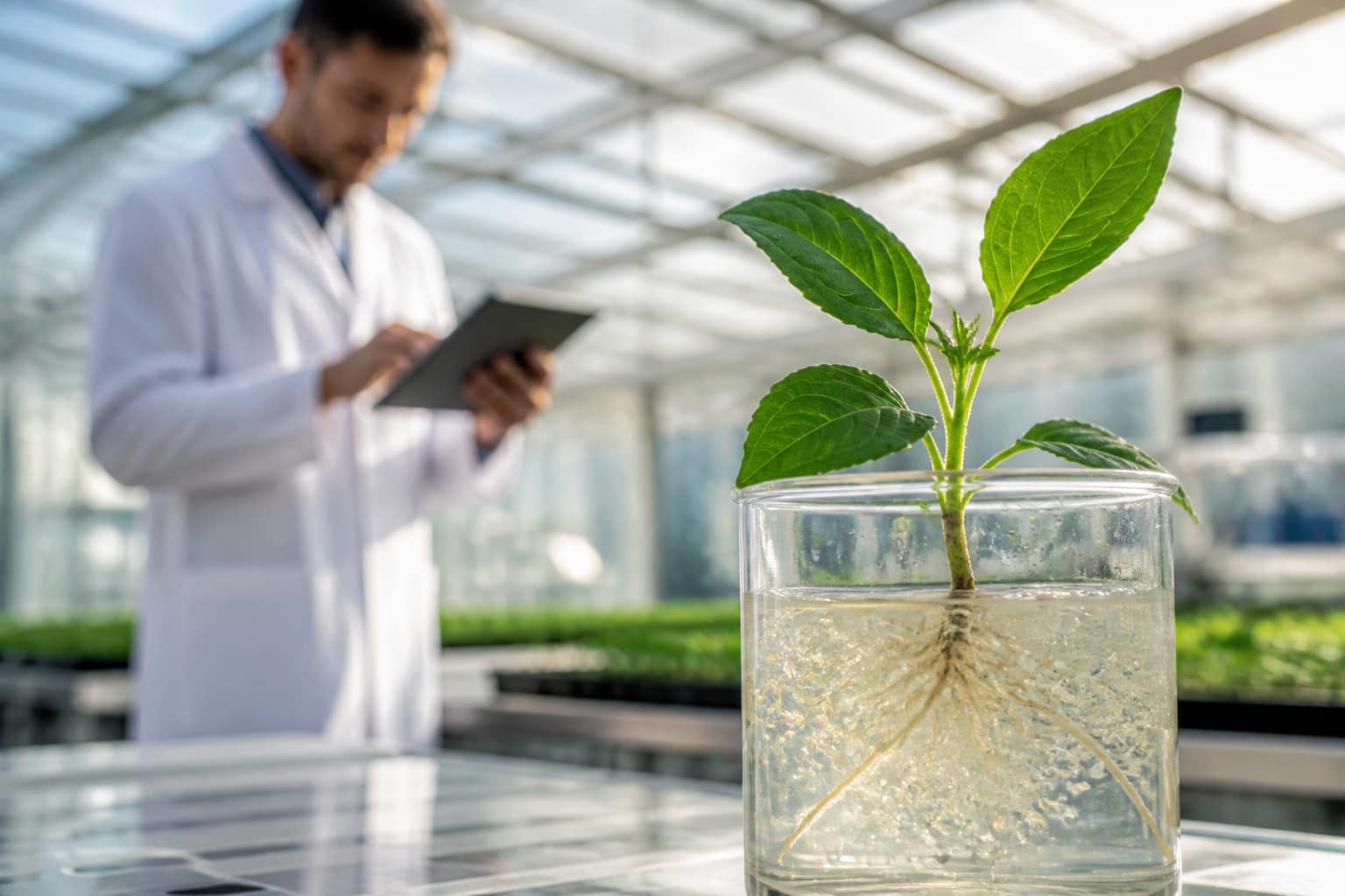 Ricercatore analizza una pianta in laboratorio per studiare la resistenza alla siccità.