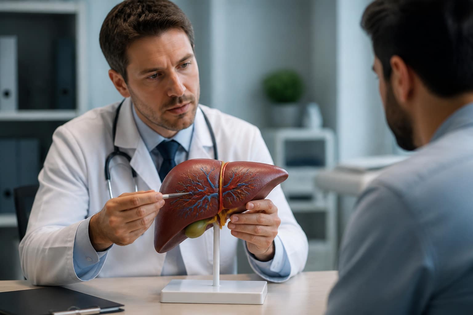 Un medico illustra il funzionamento del fegato utilizzando un modello anatomico professionale durante una visita.