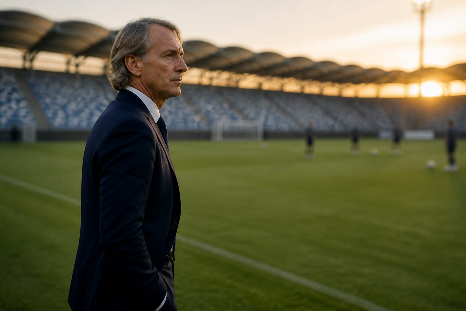 Roberto Mancini in giacca e cravatta a bordo campo durante un allenamento della Nazionale.