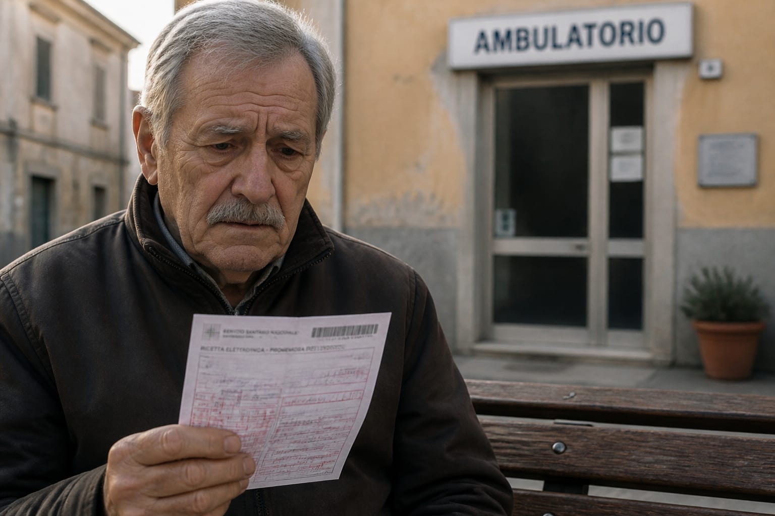 Paziente anziano preoccupato davanti a un presidio sanitario in Molise.