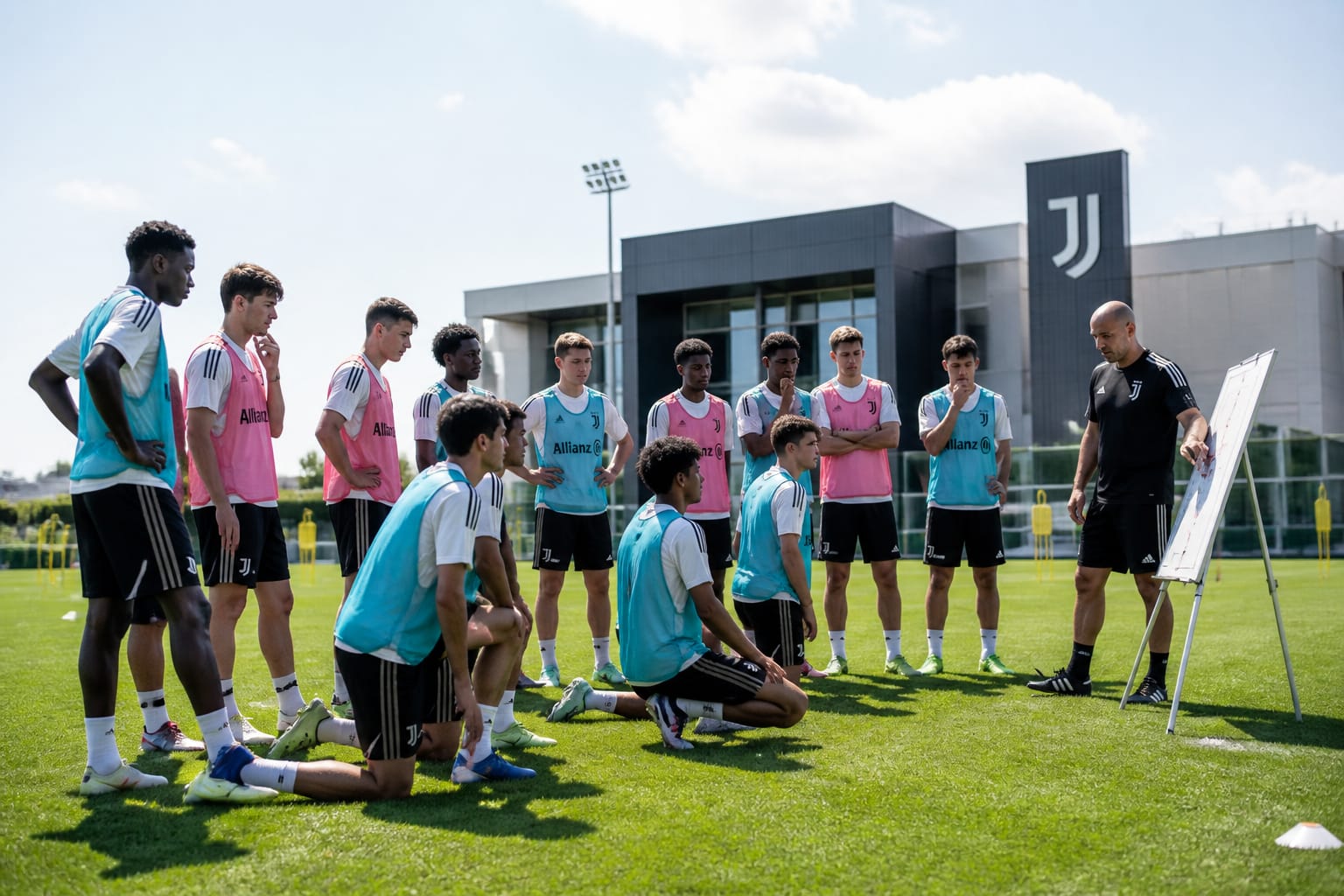 Allenamento di giovani promesse del calcio italiano in un centro sportivo d'eccellenza.