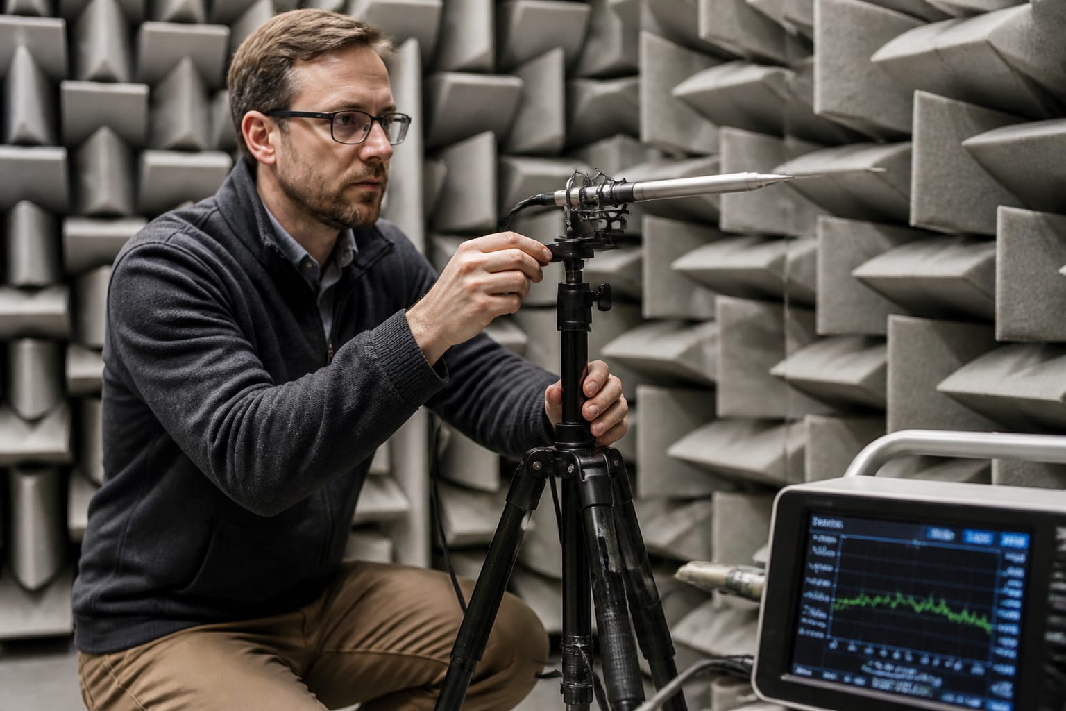 Ricercatore in una camera anecoica utilizza microfoni di precisione per studiare il suono.