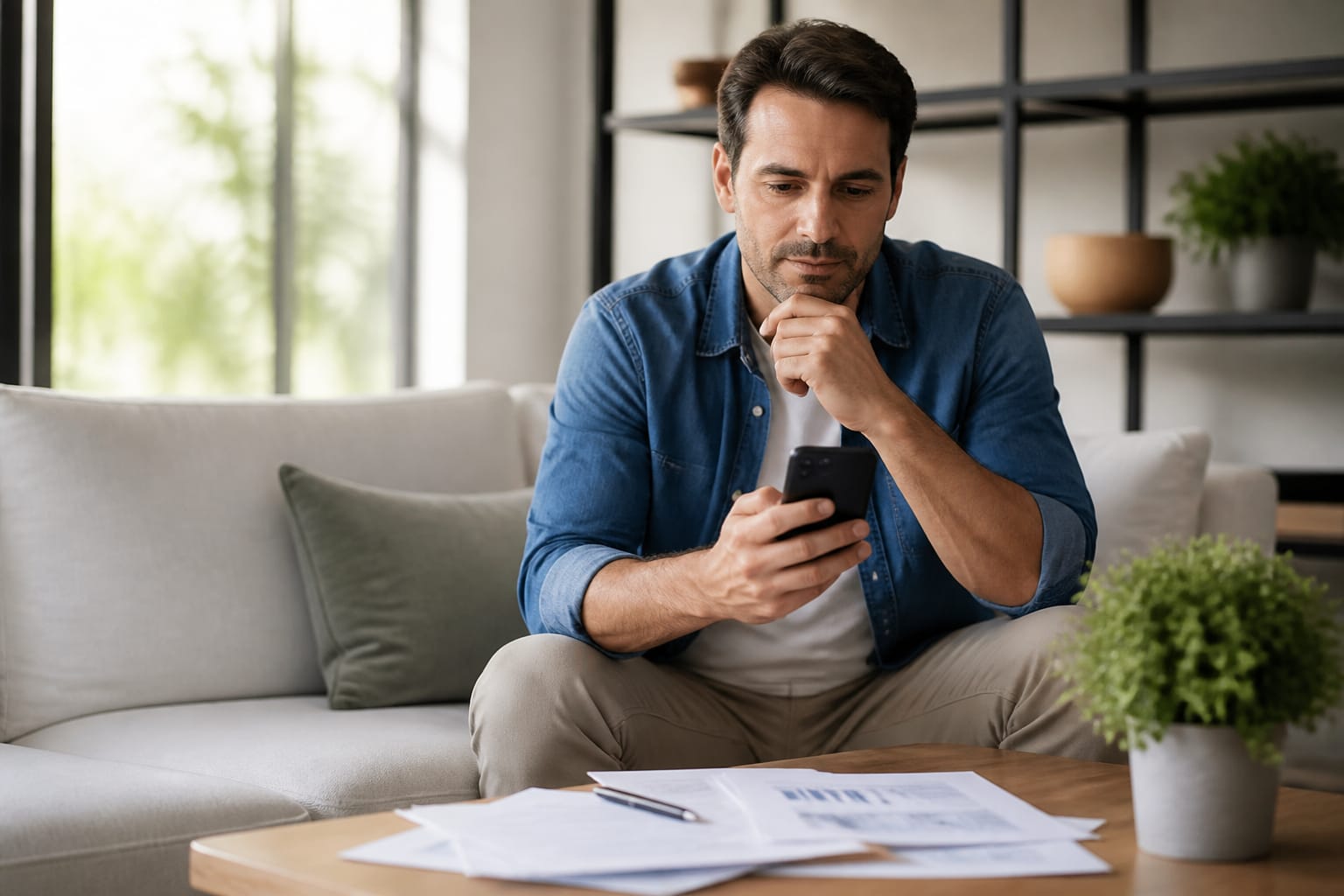 Persona che consulta servizi finanziari e previdenziali su uno smartphone in un ufficio moderno