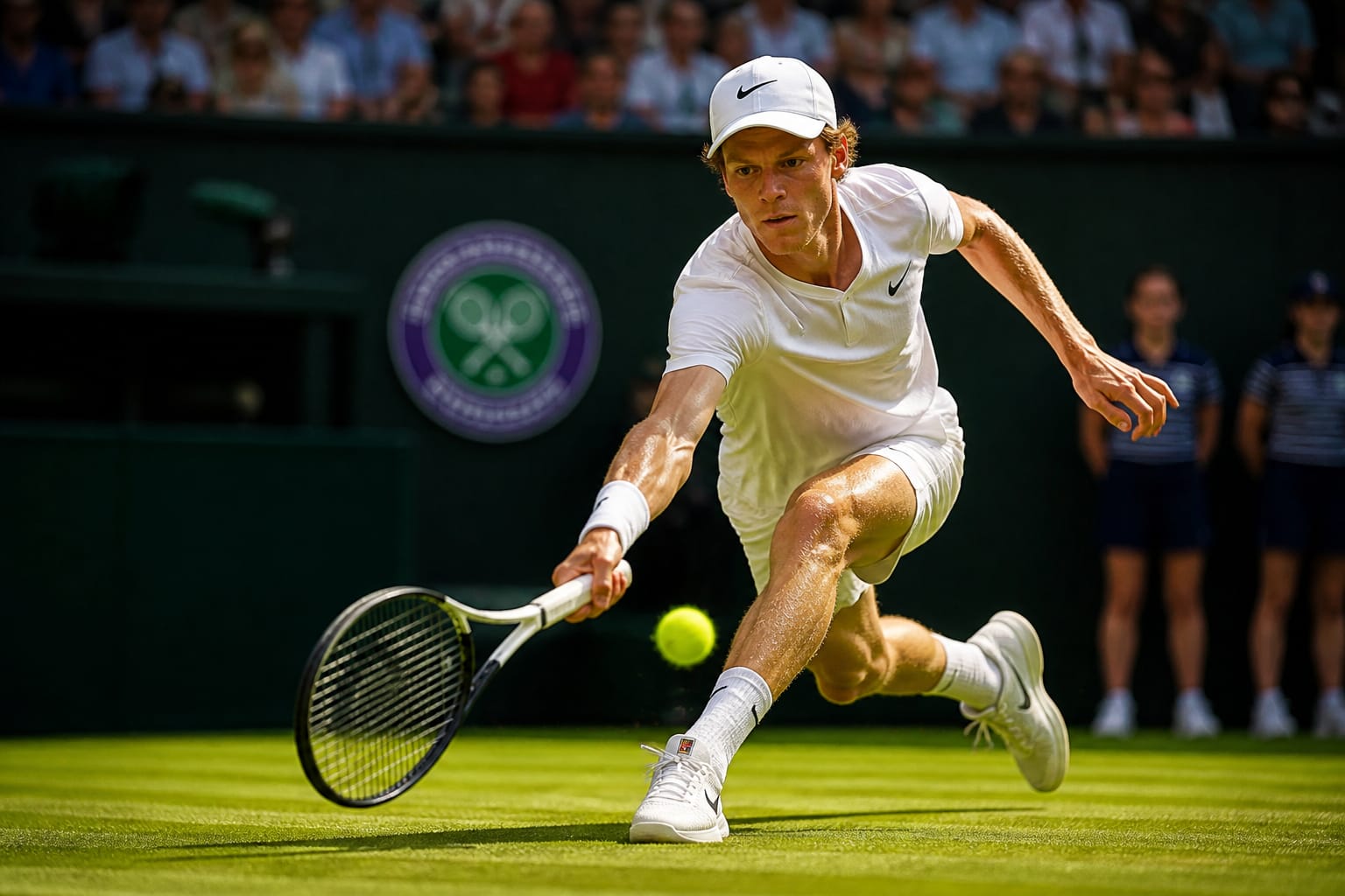 Jannik Sinner durante un colpo di dritto sull'erba di Wimbledon