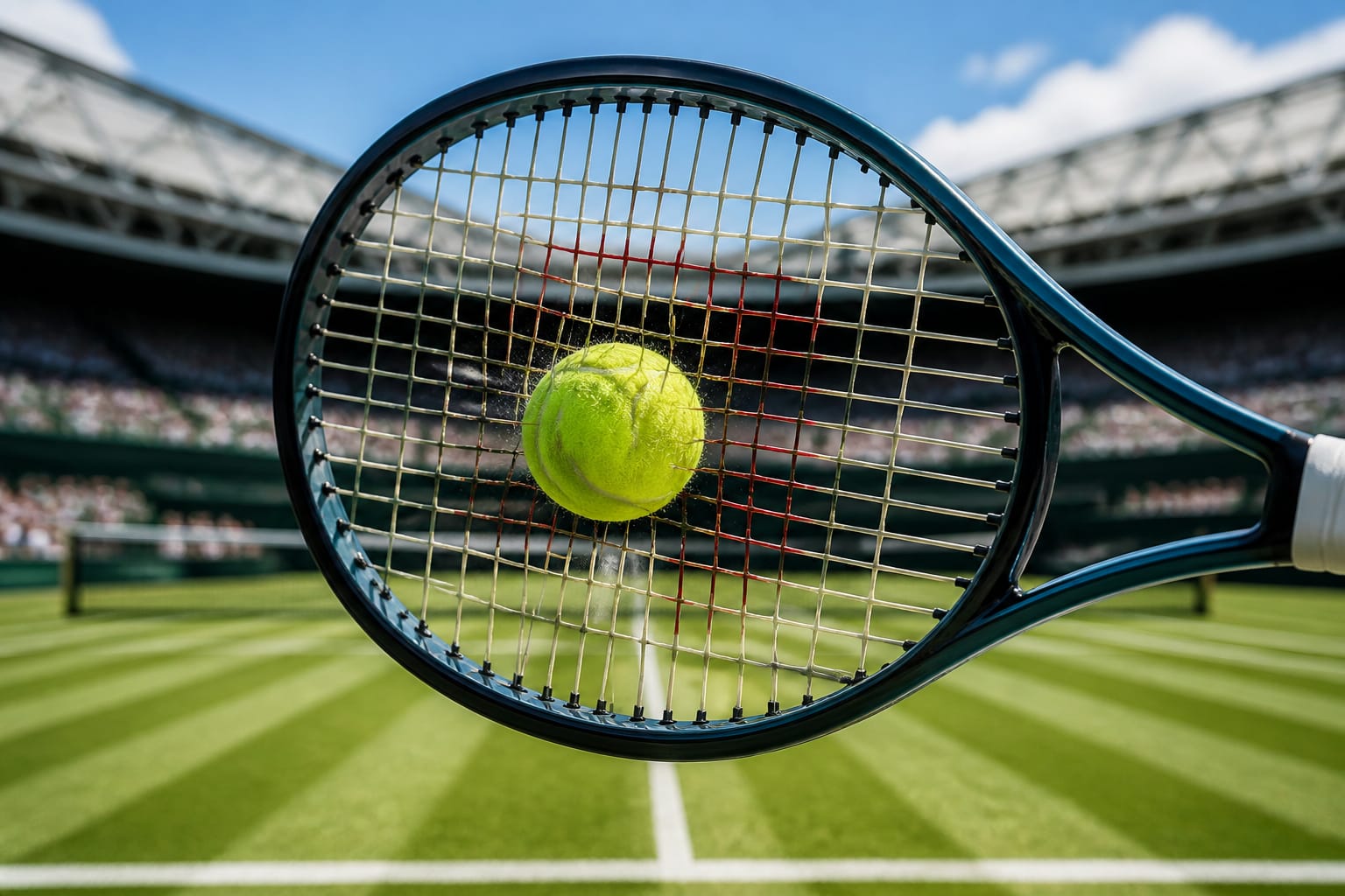 Dettaglio di una racchetta che colpisce la pallina su un campo da tennis in erba