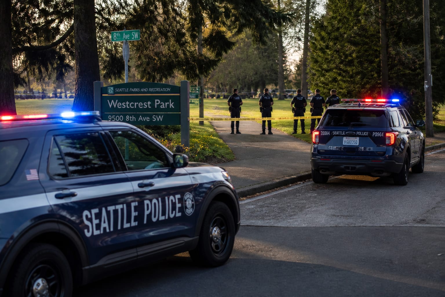 Auto della polizia di Seattle con luci lampeggianti e nastro di sicurezza giallo durante un intervento.