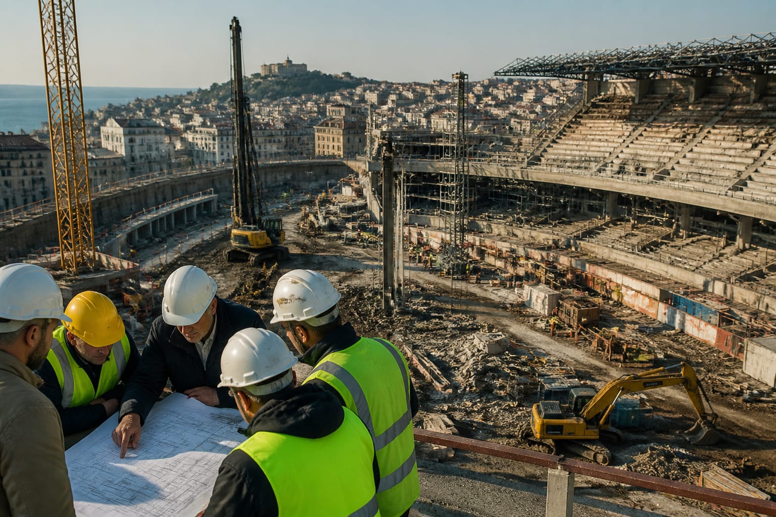 Cantiere di ammodernamento di uno stadio italiano per gli Europei 2032 con ingegneri al lavoro.